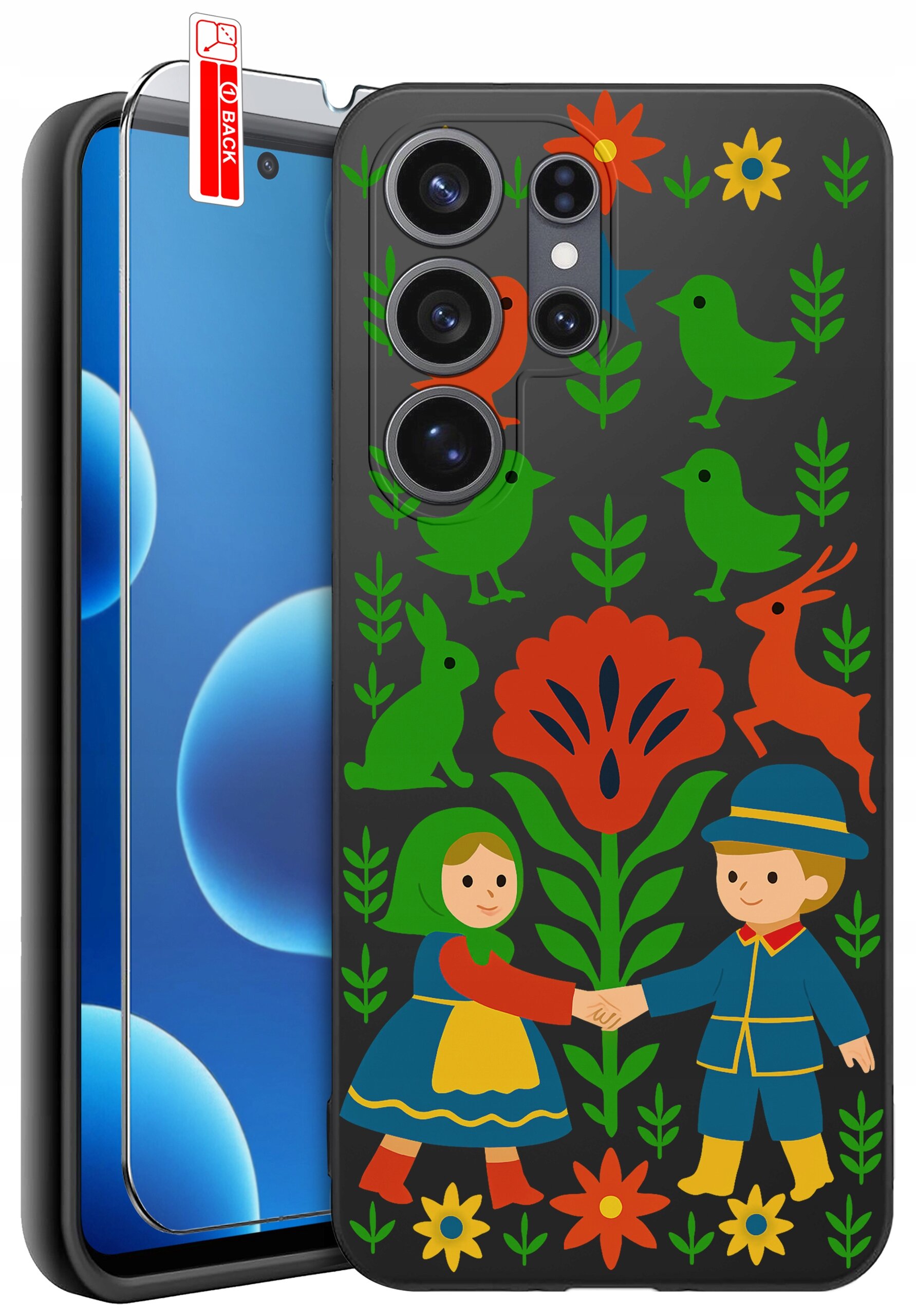 Etui na telefon z kolorowym wzorem przedstawiającym postacie w tradycyjnych strojach, otoczone kwiatami, ptakami i zwierzętami. Na ekranie telefonu widoczna jest folia ochronna z napisem \'BACK\'.