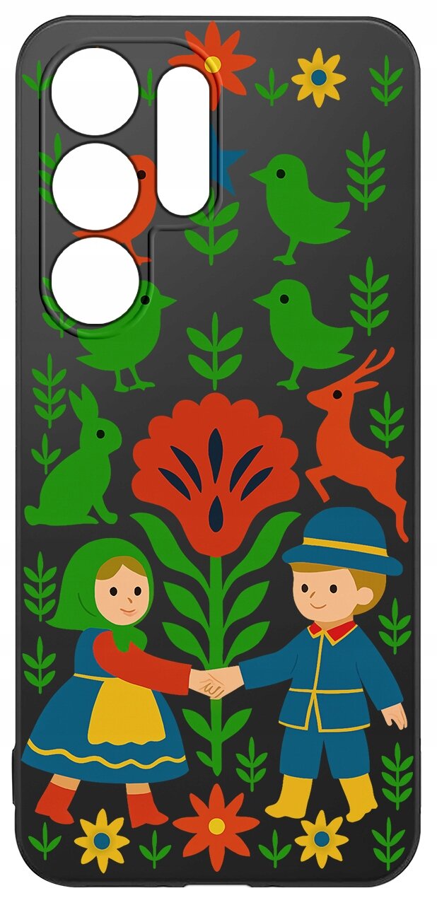 Etui na telefon z kolorowym wzorem przedstawiającym postacie w tradycyjnych strojach, otoczone kwiatami i zwierzętami na czarnym tle.
