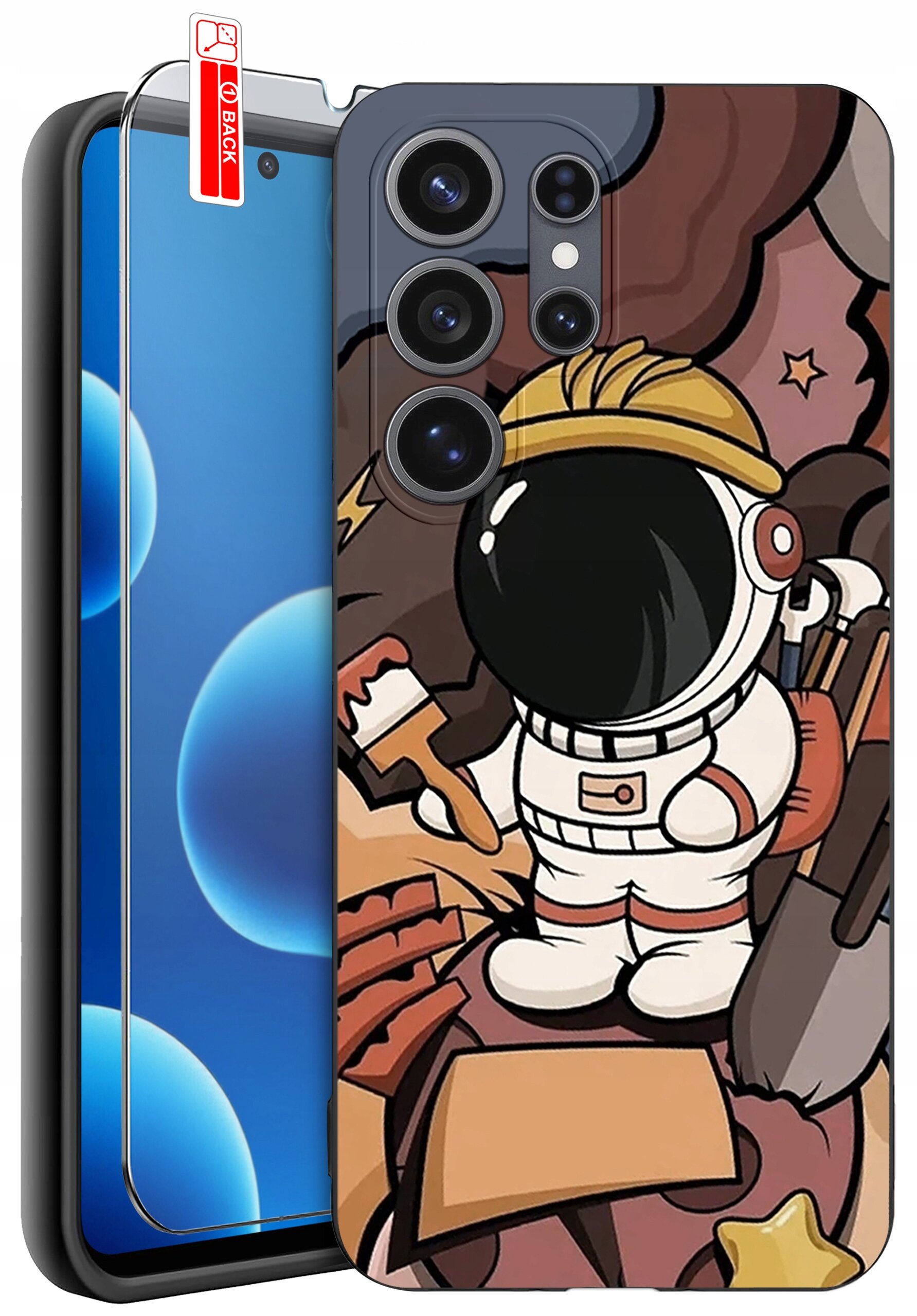 Obraz przedstawia etui na telefon z kolorowym wzorem astronauty w kasku, trzymającego pędzel i łopatę. Obok etui znajduje się szkło ochronne z napisem \'BACK\'.