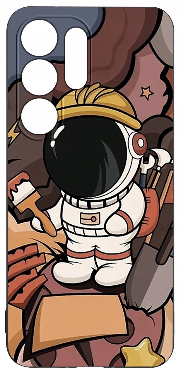 Etui na telefon z kolorowym wzorem przedstawiającym astronautę w hełmie, trzymającego pędzel, na tle abstrakcyjnych kształtów i gwiazdek.