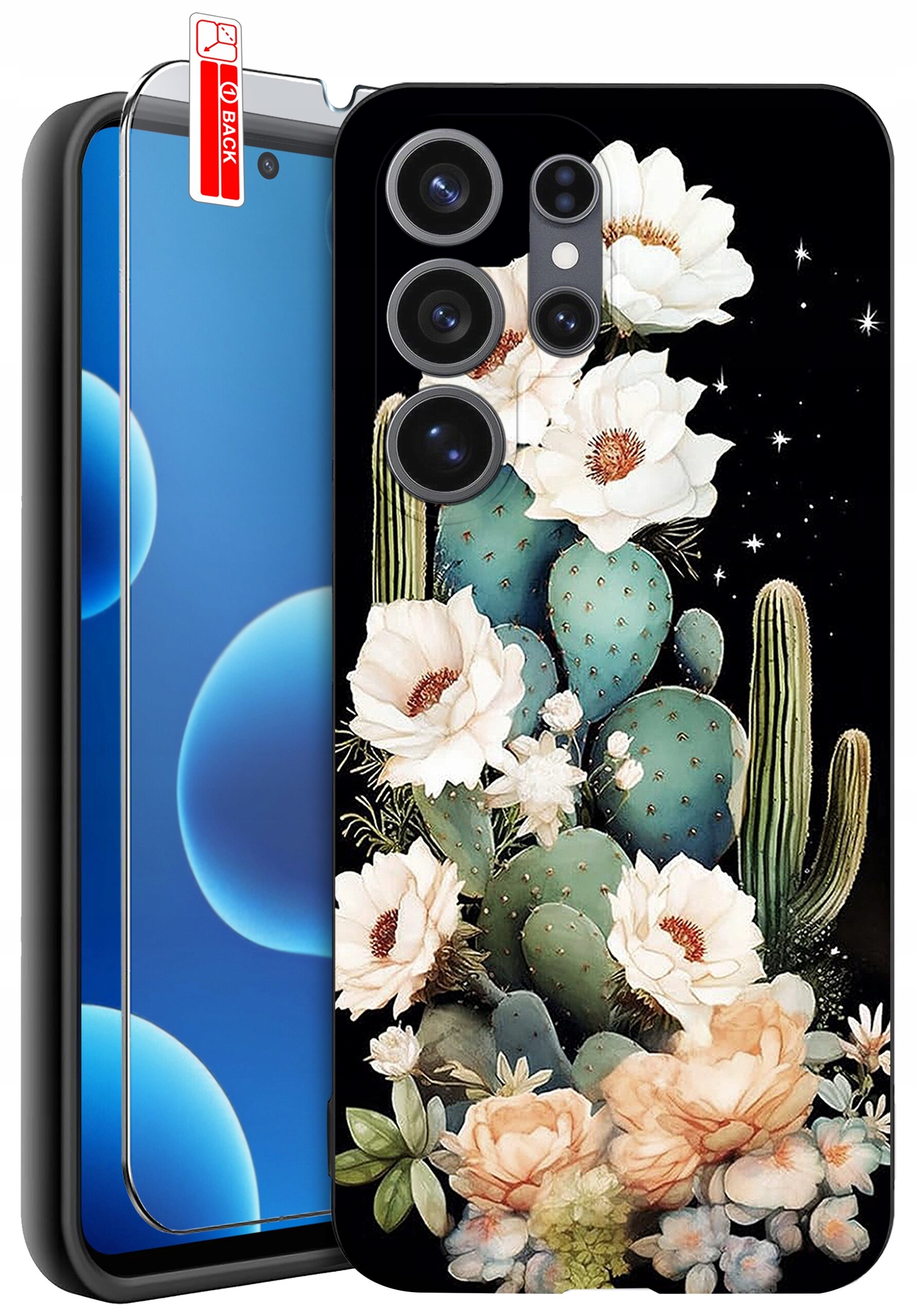 Etui na telefon z motywem kaktusów i kwiatów na czarnym tle, obok widoczna jest szybka ochronna z napisem \'BACK\'.