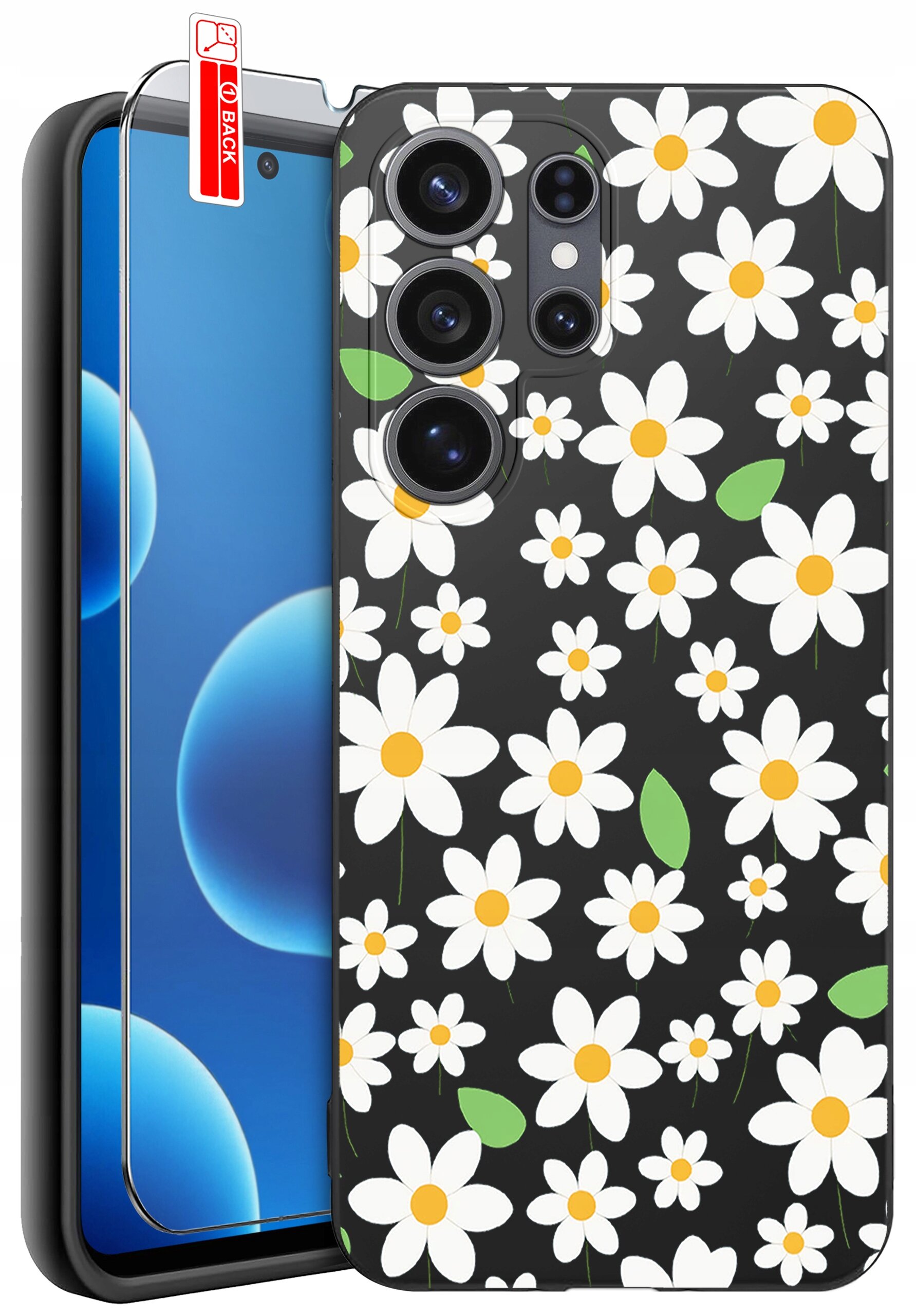 Etui na telefon z wzorem białych kwiatów na czarnym tle, obok którego znajduje się szkło ochronne z napisem \'BACK\'.