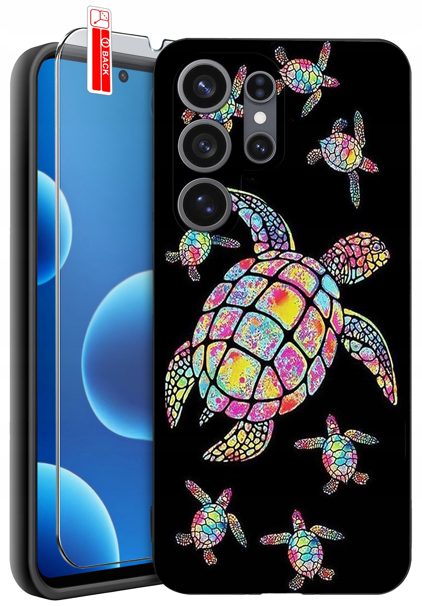 Etui na telefon z kolorowym wzorem żółwi na czarnym tle, obok widoczne szkło ochronne z napisem \'BACK\'.