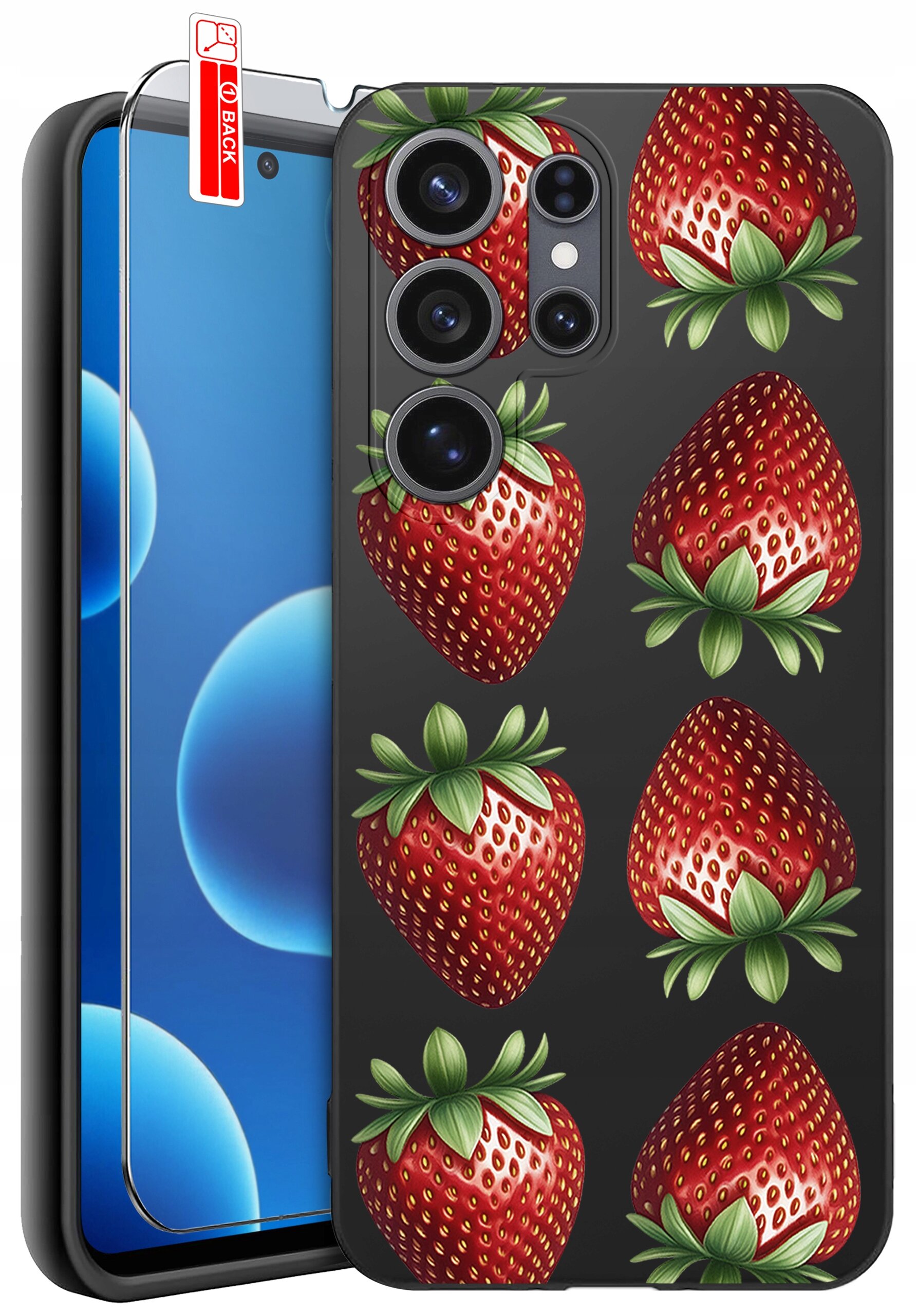 Obraz przedstawia etui na telefon z wzorem truskawek oraz szkło ochronne z napisem \'BACK\'.