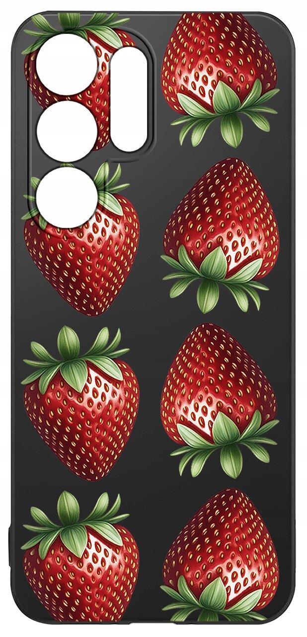 Etui na telefon z wzorem przedstawiającym czerwone truskawki z zielonymi liśćmi na czarnym tle. Etui ma wycięcia na aparat i inne elementy telefonu.