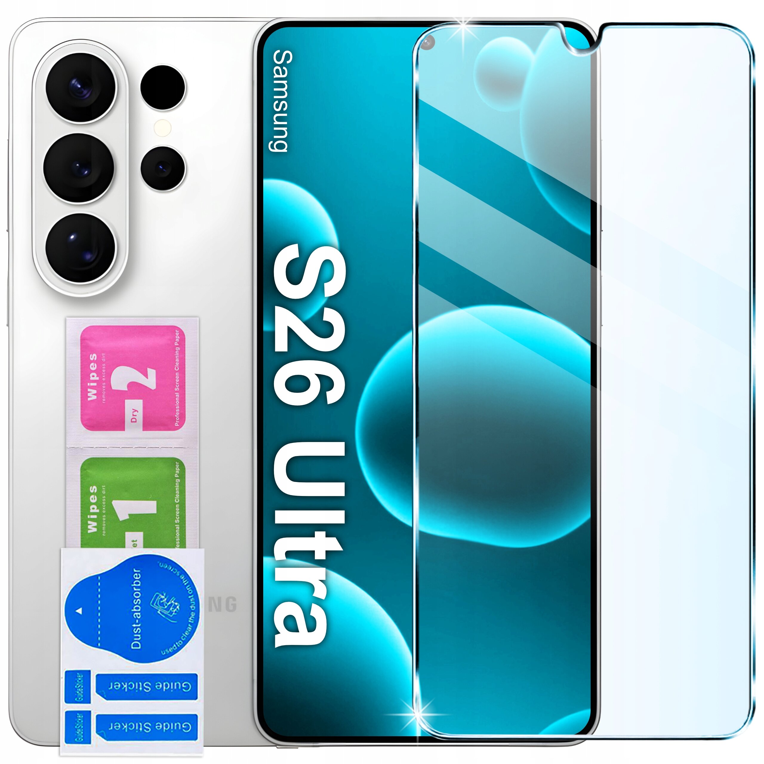 Obraz przedstawia telefon z trzema dużymi obiektywami aparatu oraz zestawem akcesoriów, w tym szkłem ochronnym i ściereczkami do czyszczenia. Na ekranie telefonu widoczny jest napis \'Samsung S26 Ultra\'.