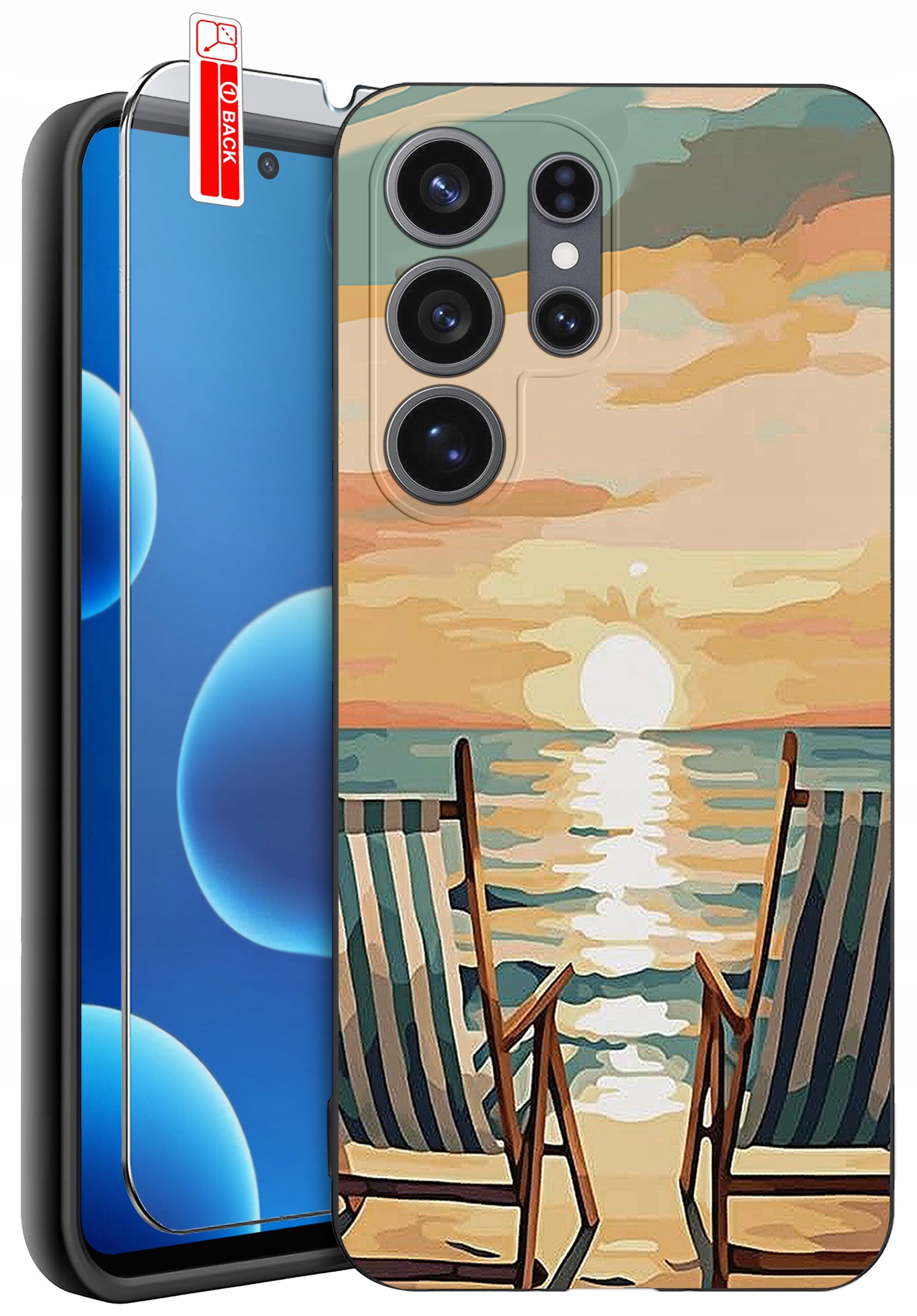 Obraz przedstawia etui na telefon z nadrukiem plaży z dwoma leżakami skierowanymi w stronę zachodzącego słońca nad morzem. Obok etui znajduje się szkło ochronne z napisem \'BACK\'.