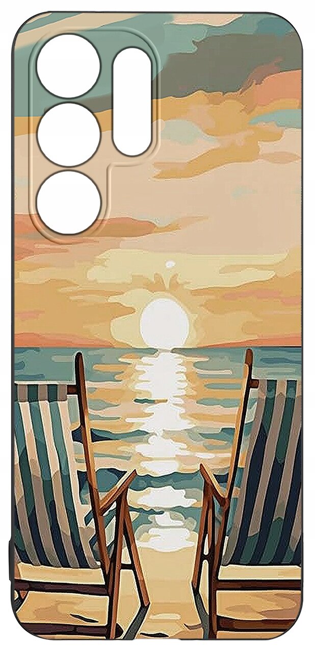 Etui z wzorem przedstawiającym dwa leżaki na plaży z widokiem na zachód słońca nad morzem. W tle widoczne są pastelowe kolory nieba i odbicie słońca na wodzie.