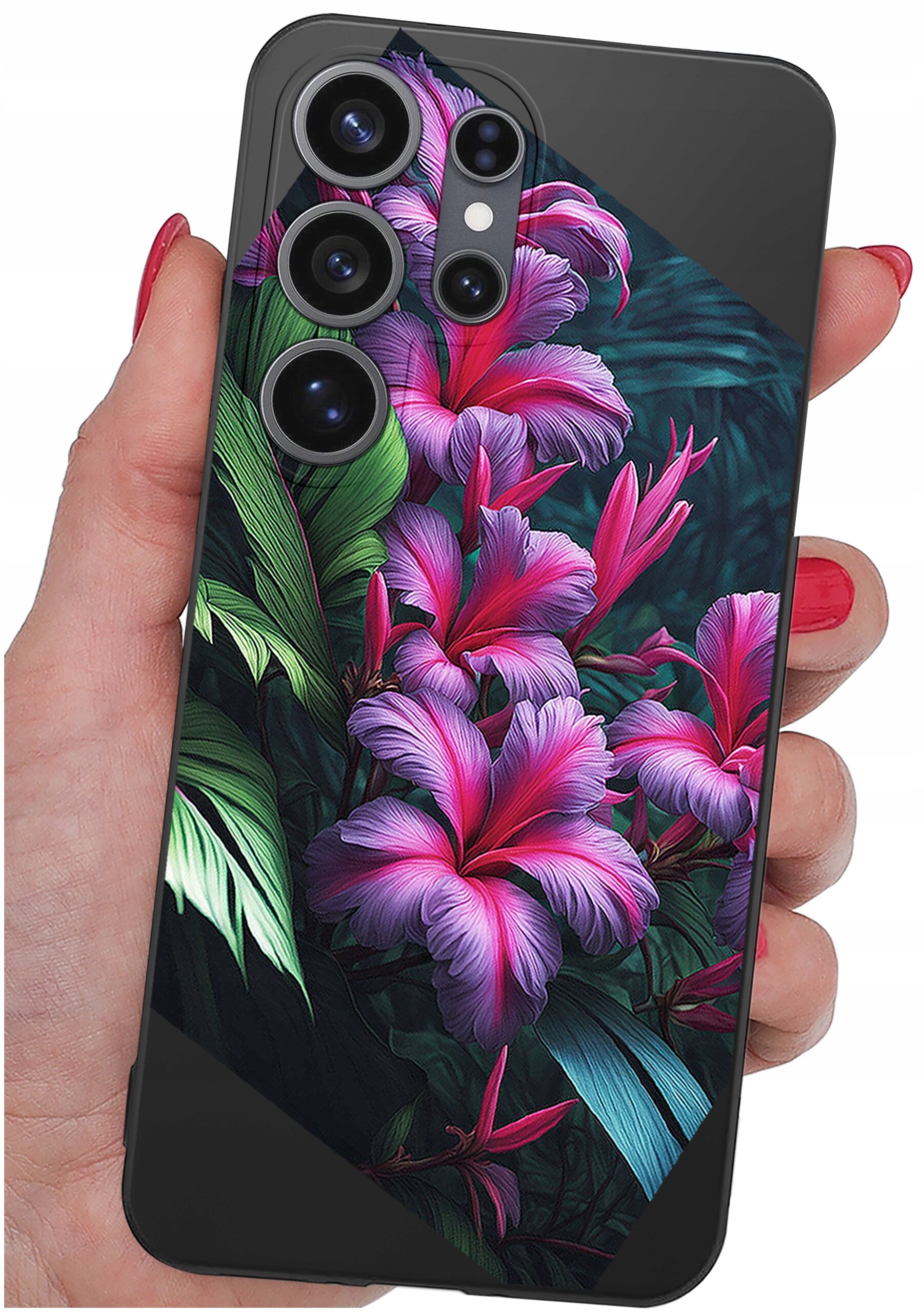 Etui na telefon z kolorowym wzorem kwiatów w odcieniach różu i zieleni. Widoczne są cztery otwory na aparaty fotograficzne.