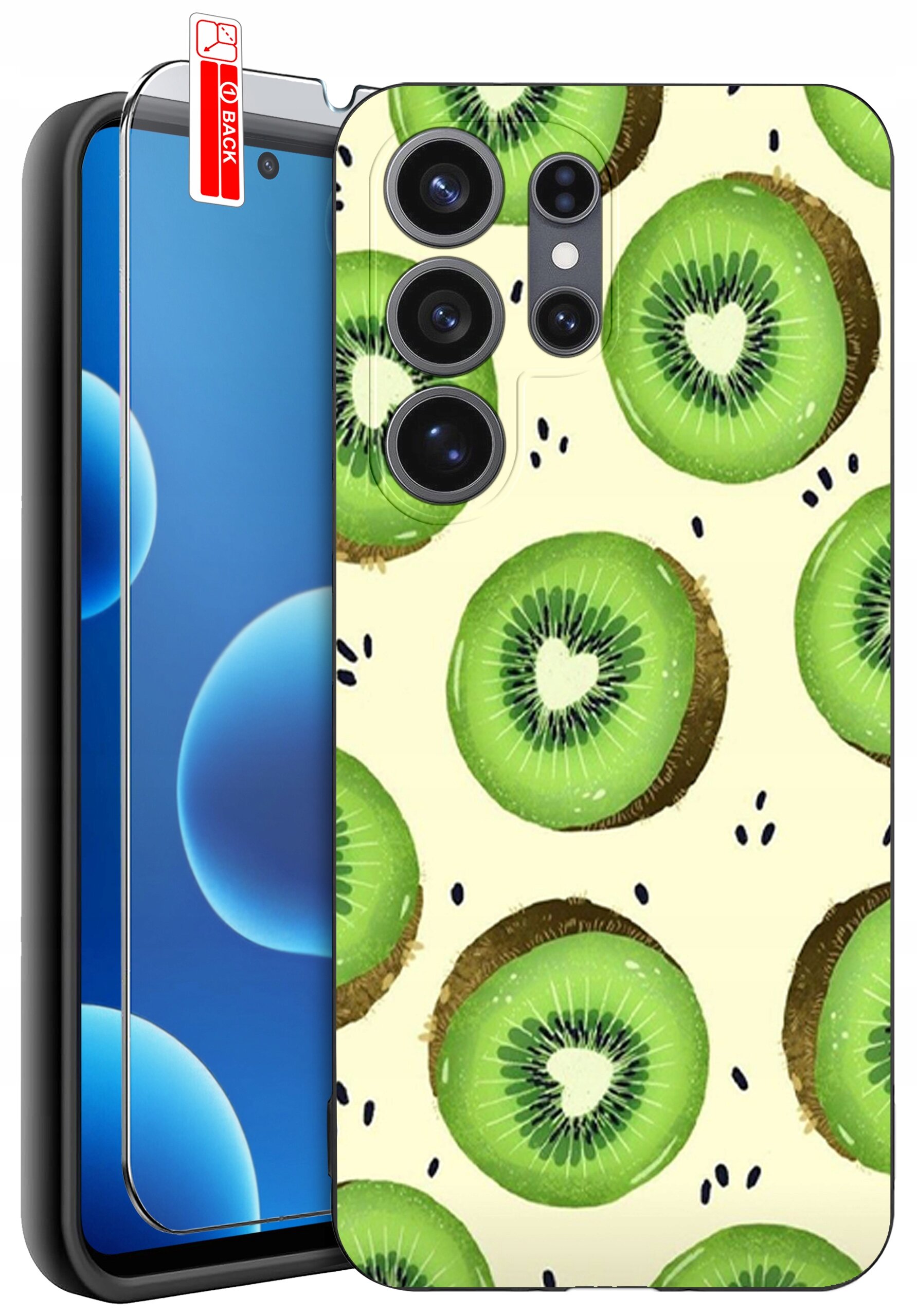 Etui na telefon z wzorem plasterków kiwi, obok którego znajduje się szkło ochronne z oznaczeniem \'BACK\'.