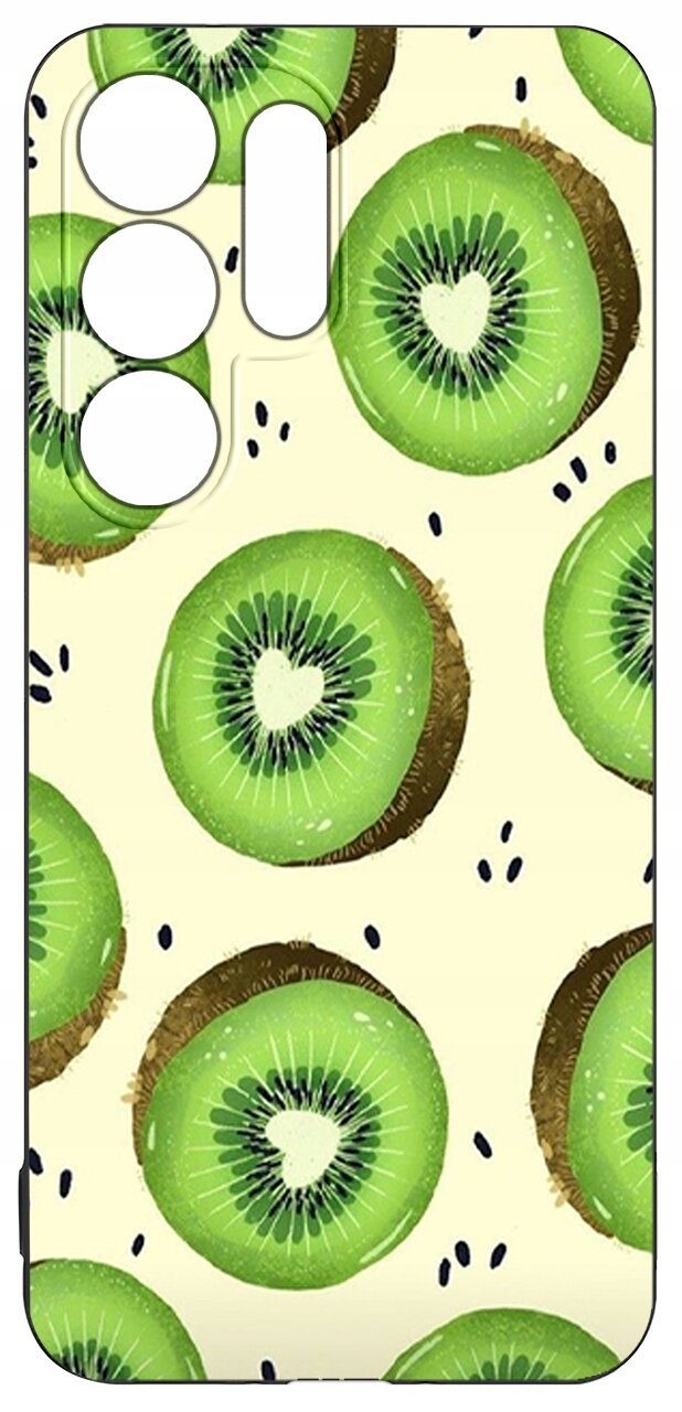 Etui na telefon z wzorem przedstawiającym plasterki kiwi na jasnym tle. Widać wycięcia na aparat i przyciski.