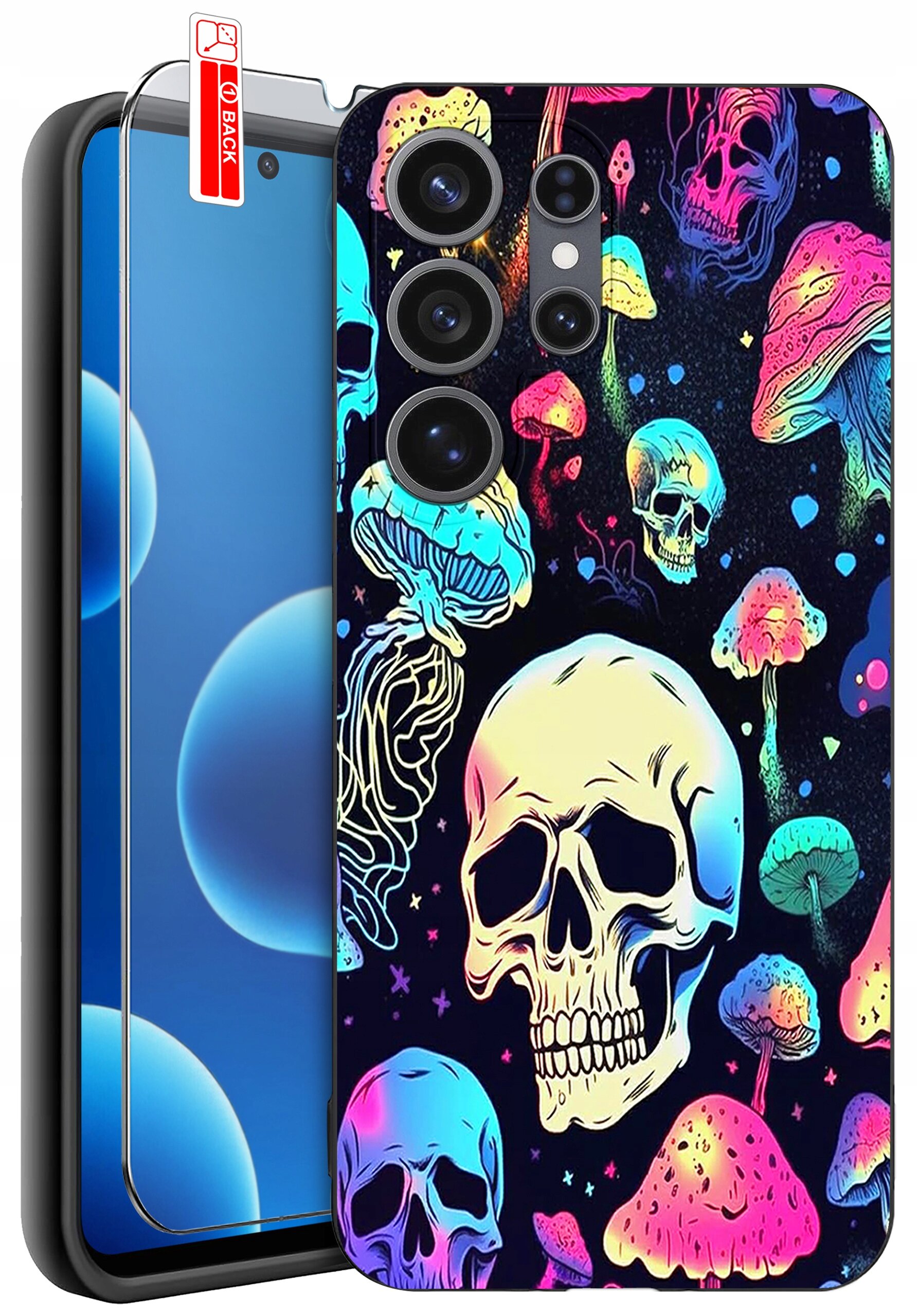 Etui na telefon z kolorowym wzorem czaszek i grzybów. Obok znajduje się szkło ochronne z etykietą \'BACK\'.