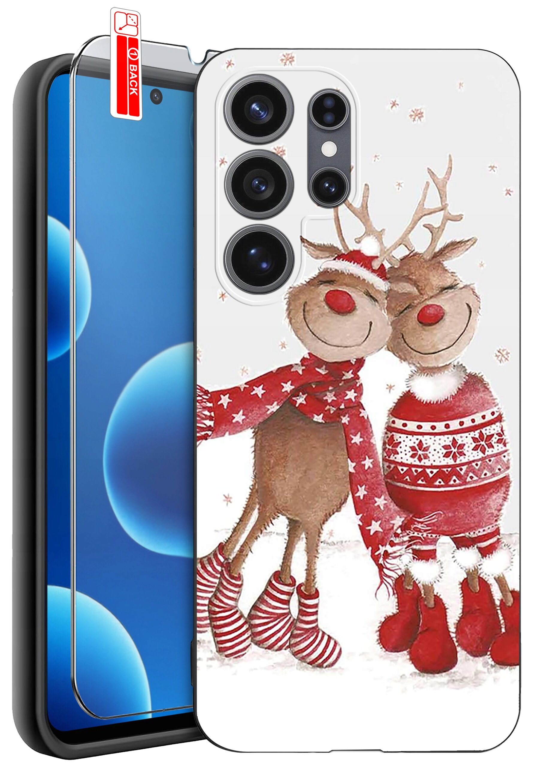 Etui na telefon z nadrukiem dwóch reniferów w zimowych ubraniach, z czerwonymi nosami i szalikami. Obok etui znajduje się szkło ochronne z oznaczeniem \'BACK\'.