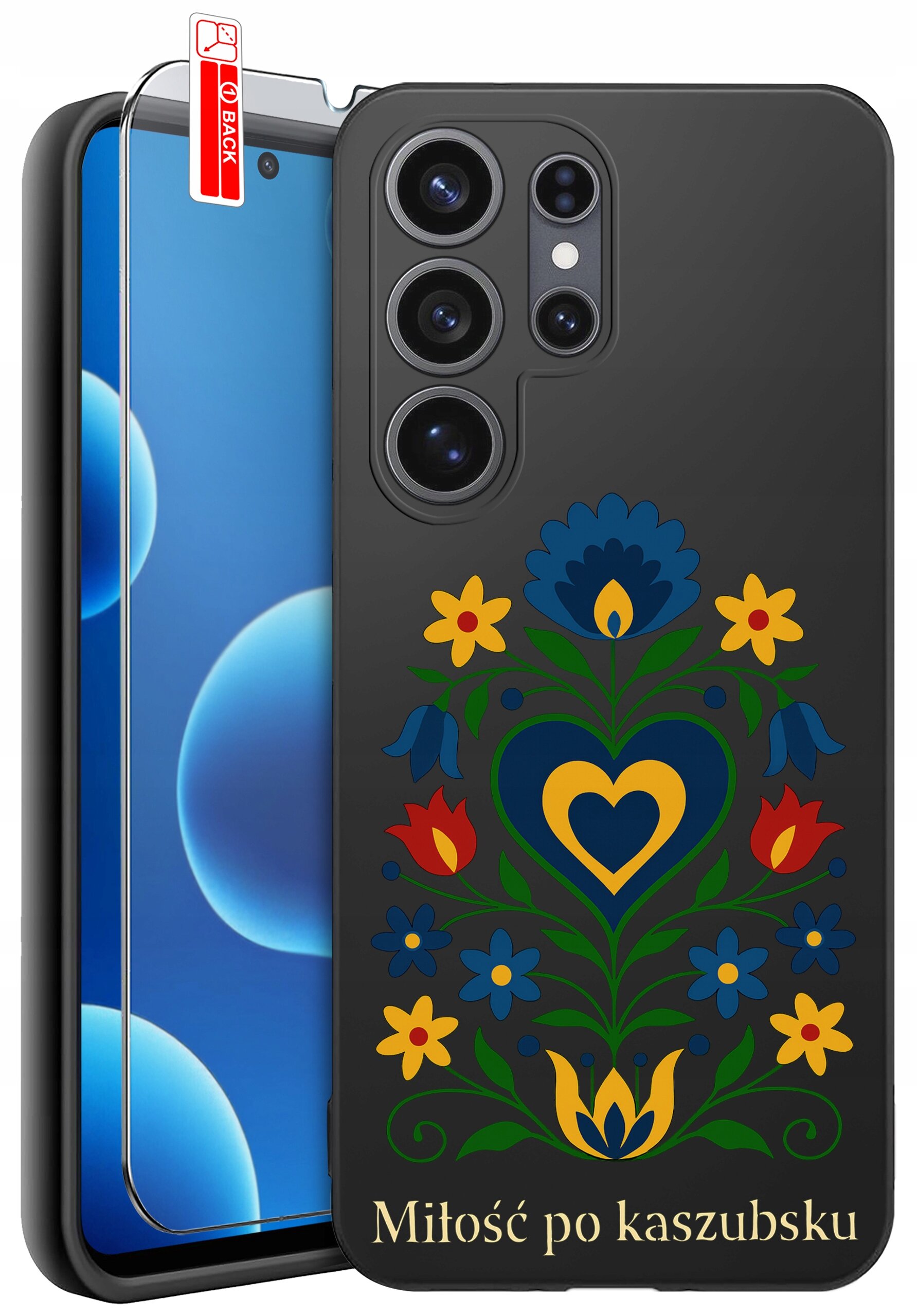 Czarne etui na telefon z kolorowym, kwiatowym wzorem i napisem \'Miłość po kaszubsku\'. Obok etui znajduje się szkło ochronne z oznaczeniem \'BACK\'.