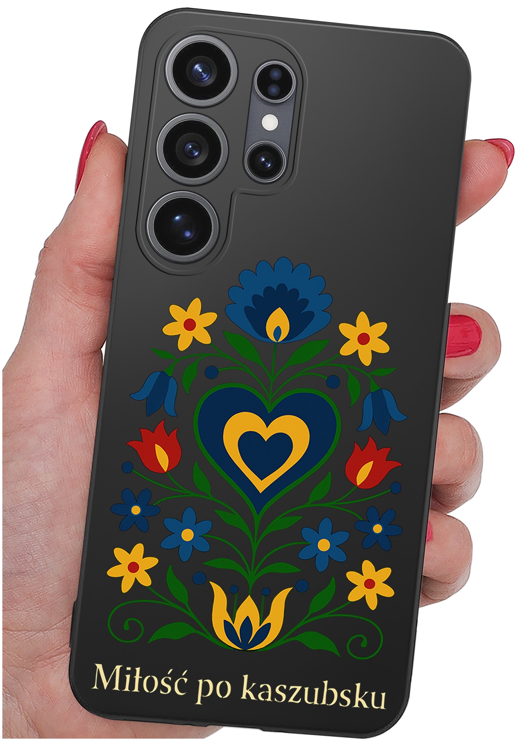 Czarna obudowa telefonu z kolorowym, ludowym wzorem kwiatowym i napisem \'Miłość po kaszubsku\'.