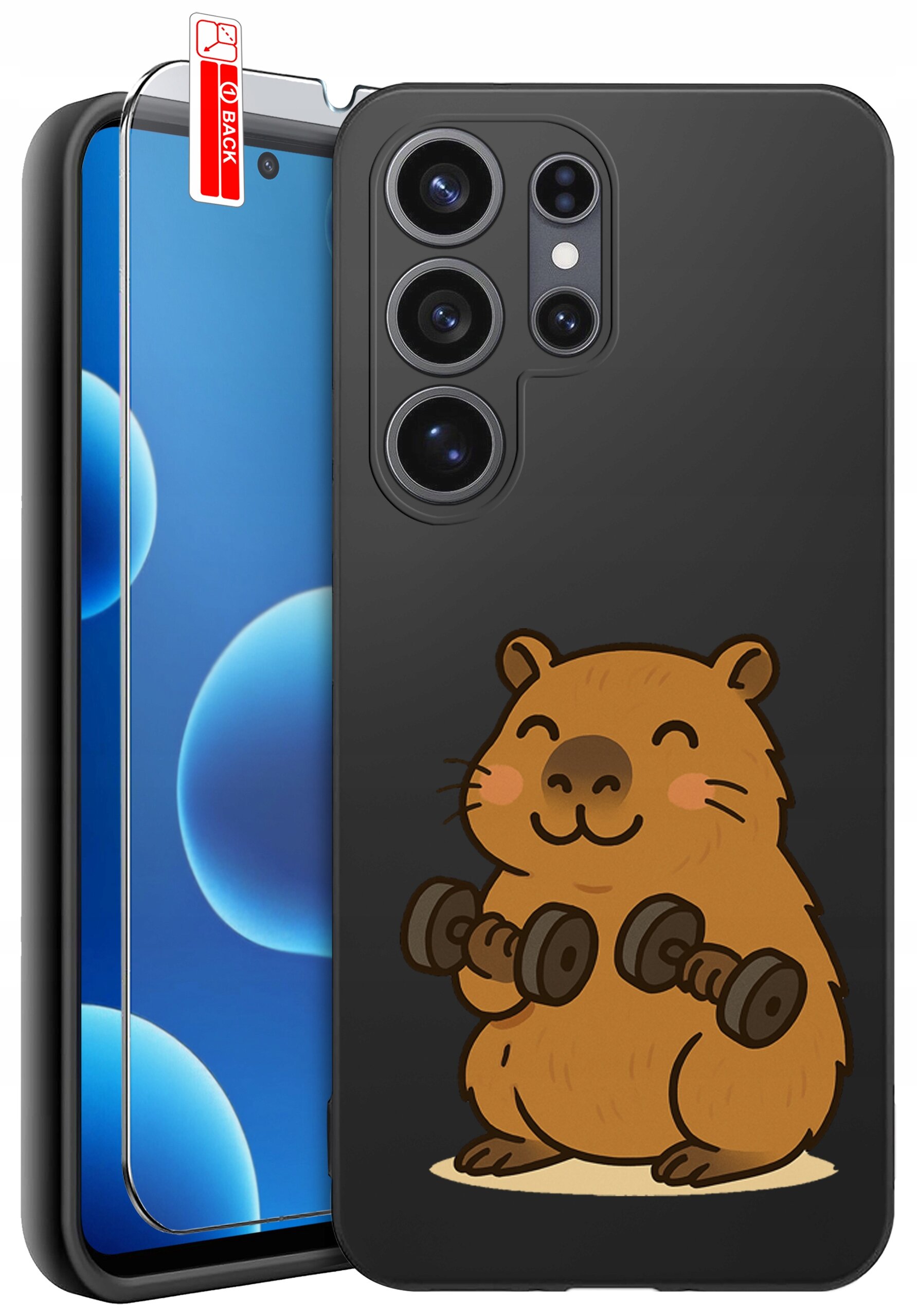 Czarne etui na telefon z nadrukiem uśmiechniętego zwierzątka trzymającego hantle. Obok znajduje się szkło ochronne z oznaczeniem \'BACK\'.