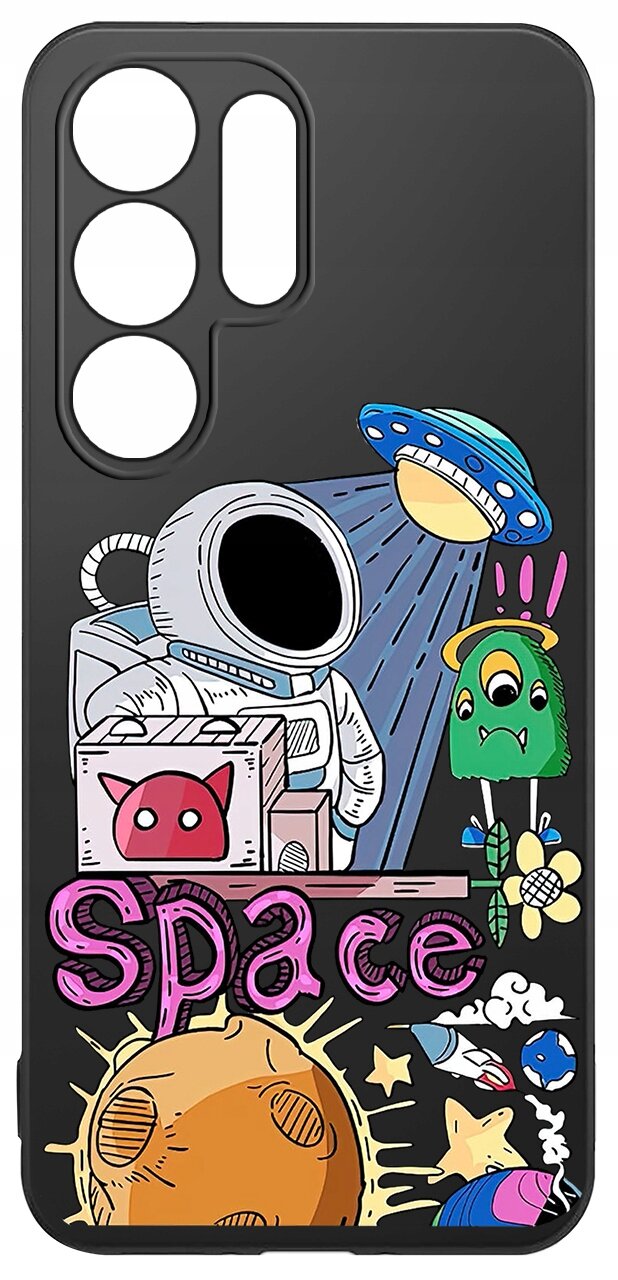 Etui na telefon z kolorowym nadrukiem przedstawiającym astronautę, UFO, zielonego stworka i napis \'Space\'. W tle widoczne są elementy kosmiczne, takie jak planety i gwiazdy.