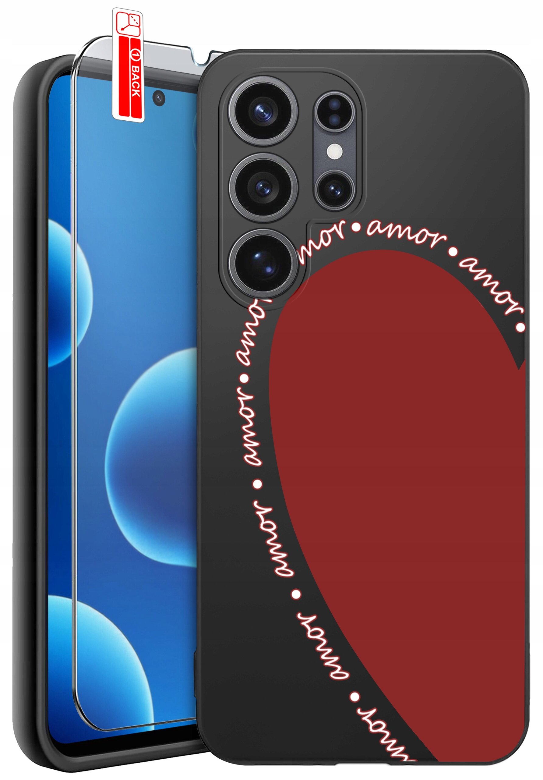 Obraz przedstawia etui na telefon z dużym czerwonym sercem i napisem \'amor\' powtarzającym się wokół serca. Obok etui znajduje się szkło ochronne z oznaczeniem \'BACK\'.