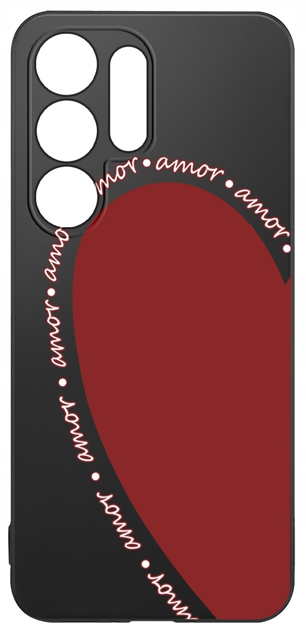 Czarne etui z dużym czerwonym sercem i napisem \'amor\' powtarzającym się wokół serca. Etui ma wycięcia na aparat i przyciski.