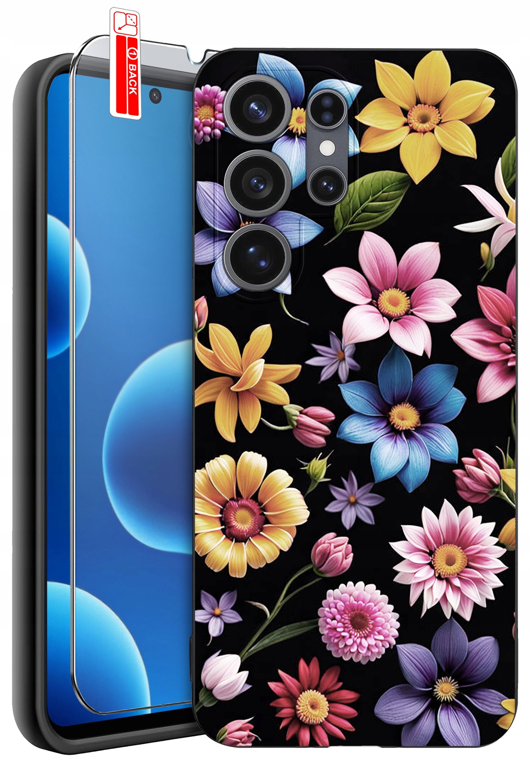 Etui na telefon z kolorowym wzorem kwiatów na czarnym tle, obok znajduje się szkło ochronne z napisem \'BACK\'.