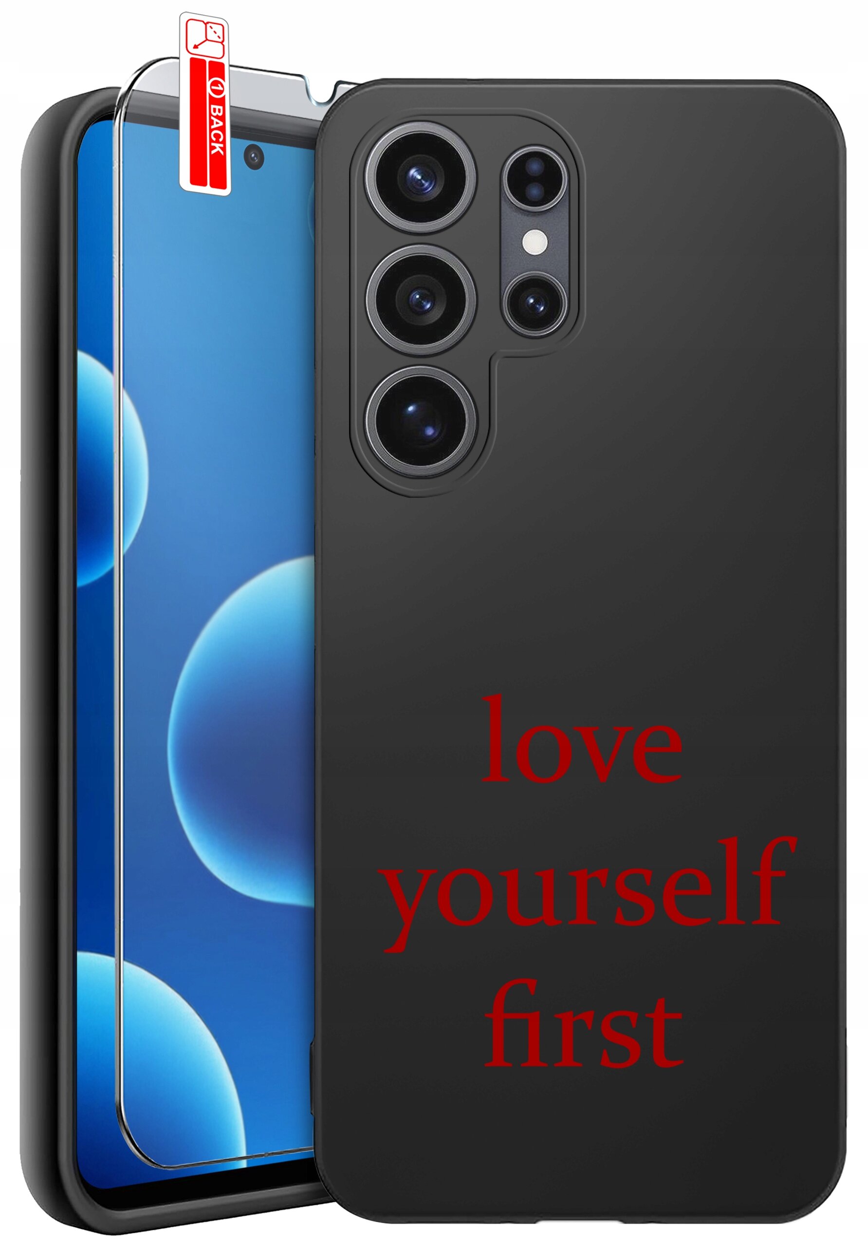 Czarne etui na telefon z napisem \'love yourself first\' w czerwonym kolorze. Obok znajduje się szkło ochronne z oznaczeniem \'BACK\'.
