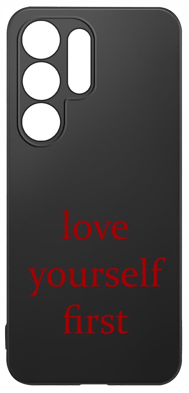 Czarne etui na telefon z trzema okrągłymi wycięciami na aparat i napisem \'love yourself first\' w czerwonym kolorze.