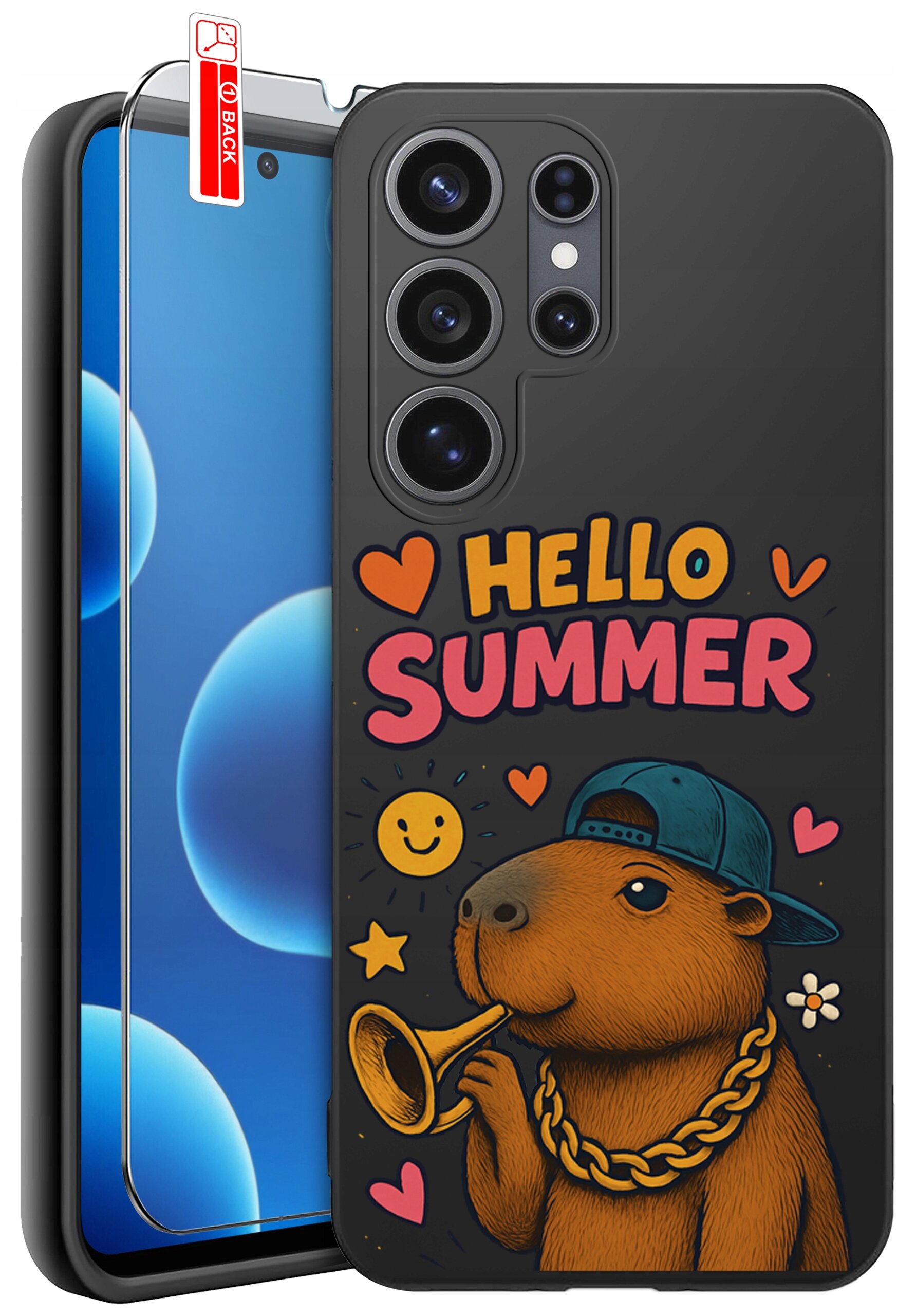 Etui na telefon z grafiką przedstawiającą zwierzę z trąbką, w czapce i łańcuchu, oraz napisem \'HELLO SUMMER\'. Obok znajduje się szkło ochronne z oznaczeniem \'BACK\'.