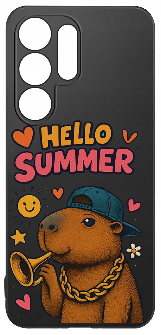 Czarne etui z kolorowym nadrukiem przedstawiającym zwierzę w czapce z łańcuchem, trzymające trąbkę. Na etui widnieje napis \'HELLO SUMMER\' oraz różne symbole, takie jak serca i uśmiechnięta buźka.