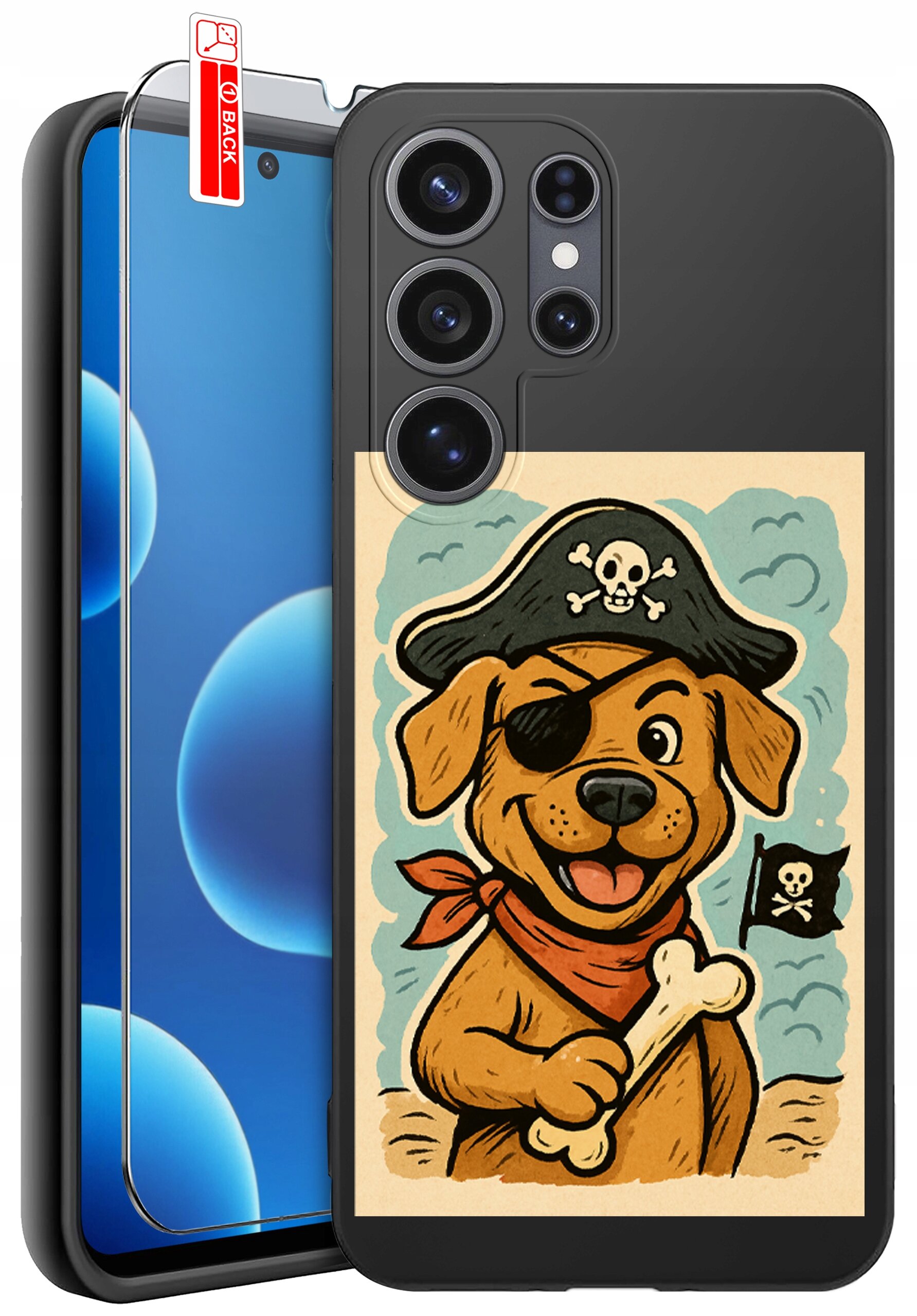 Etui na telefon z nadrukiem psa pirata trzymającego kość, z opaską na oku i kapeluszem z czaszką. Obok etui znajduje się szkło ochronne z oznaczeniem \'BACK\'.