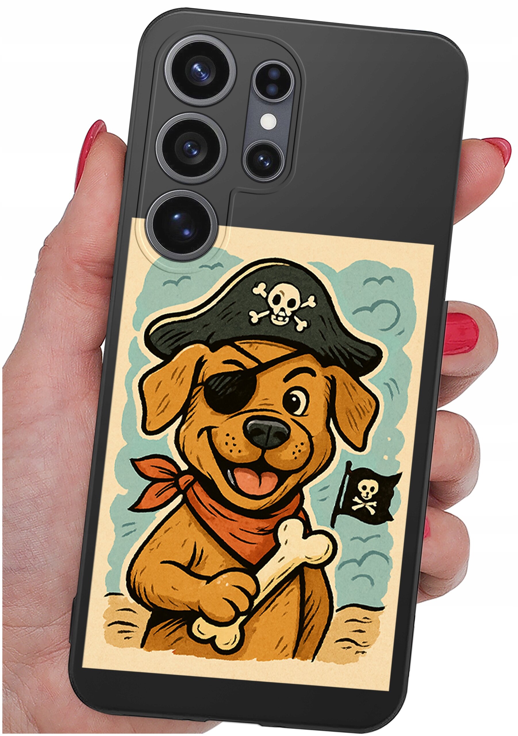 Etui na telefon z grafiką przedstawiającą psa pirata z przepaską na oku, trzymającego kość. W tle widoczna jest mała piracka flaga z czaszką i skrzyżowanymi kośćmi.