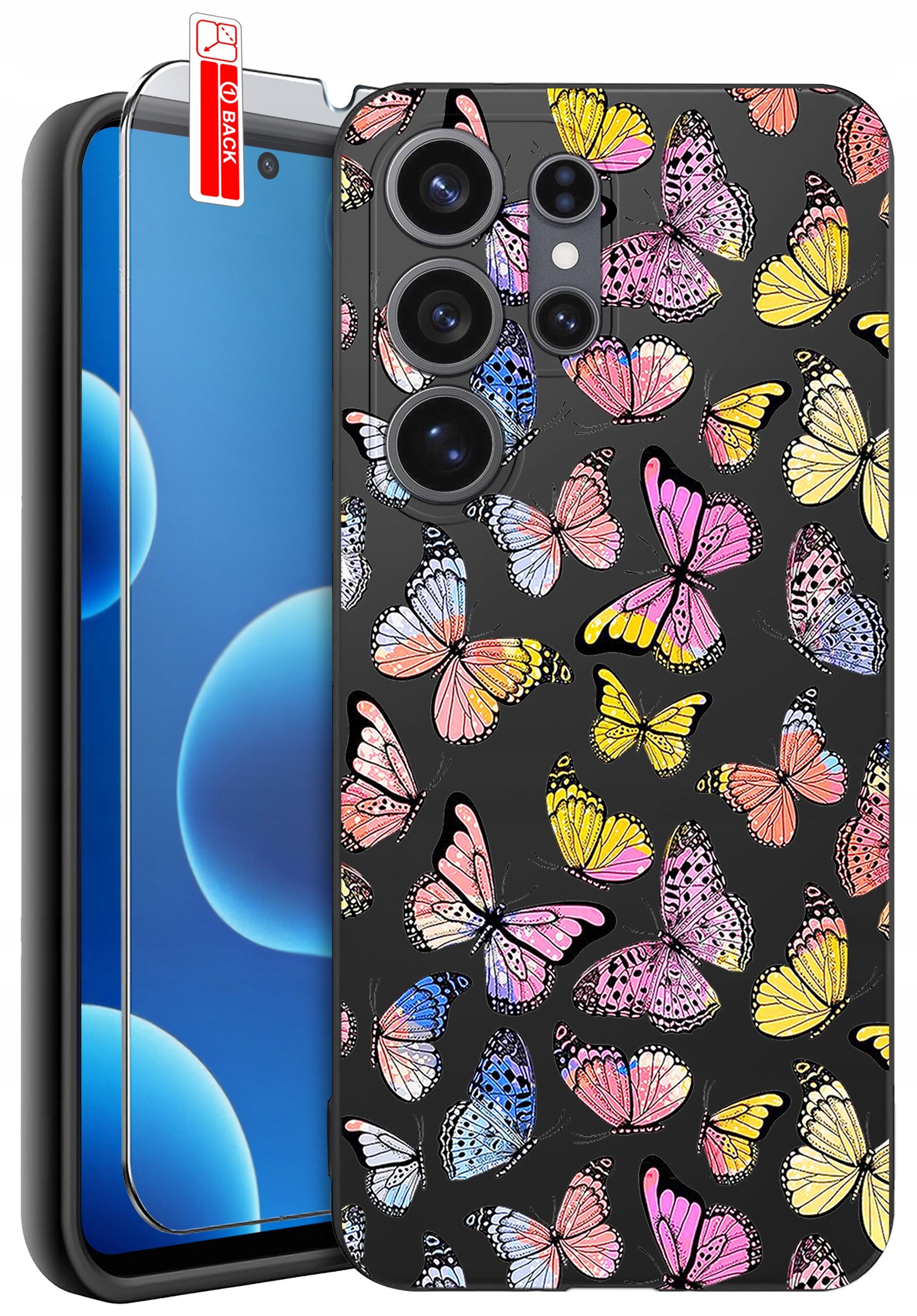 Obraz przedstawia etui na telefon z kolorowymi motylami na czarnym tle oraz szkło ochronne z napisem \'BACK\'.