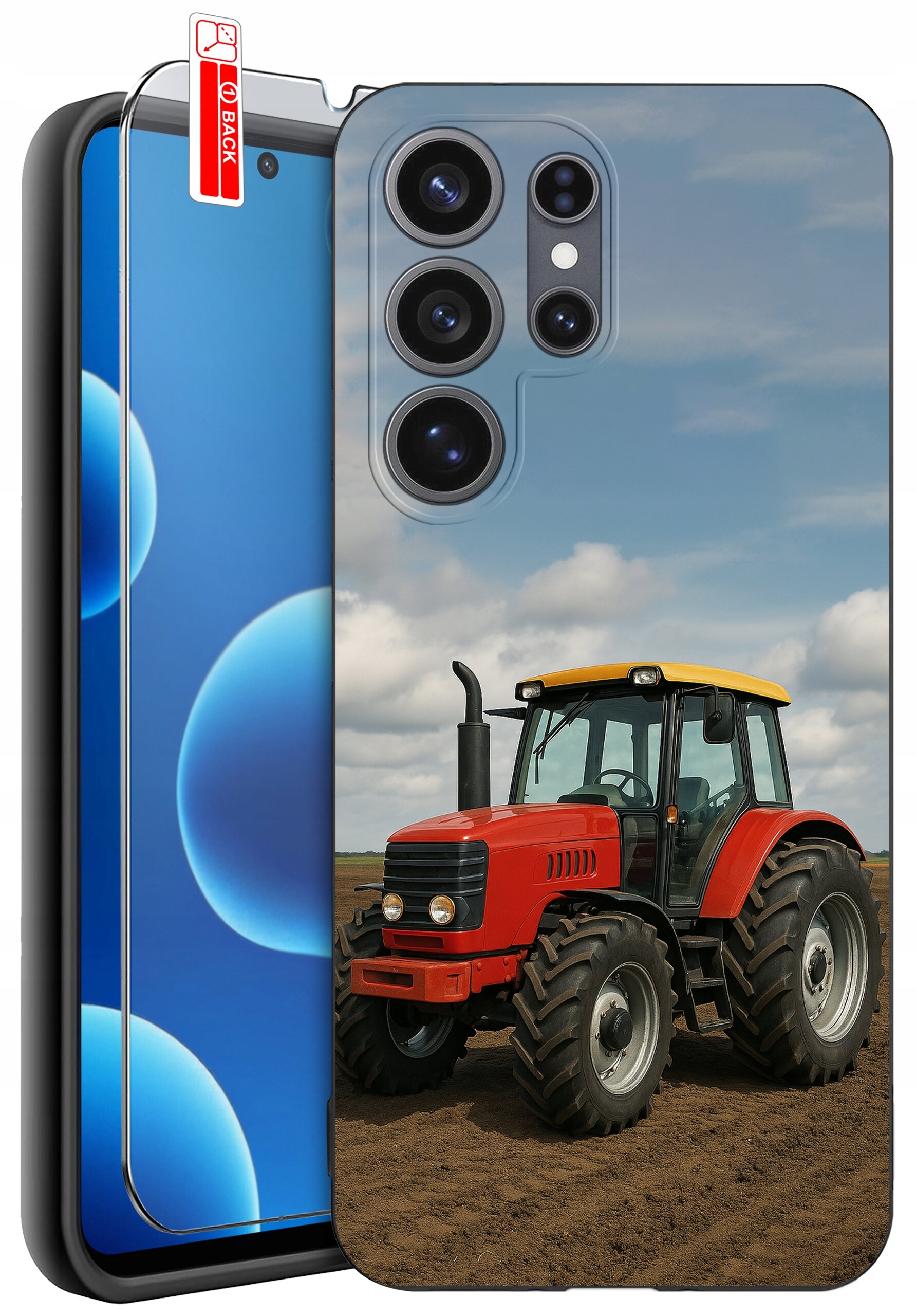 Etui na telefon z nadrukiem czerwonego traktora na tle pola i nieba. Obok widoczna jest osłona ekranu z napisem \'BACK\'.