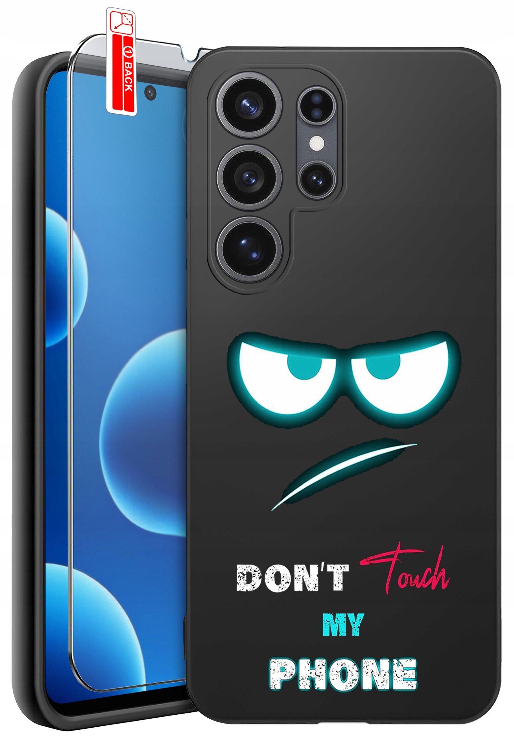 Czarne etui na telefon z nadrukiem oczu i napisem \'DON\'T Touch MY PHONE\'. Obok etui znajduje się szkło ochronne z oznaczeniem \'BACK\'.