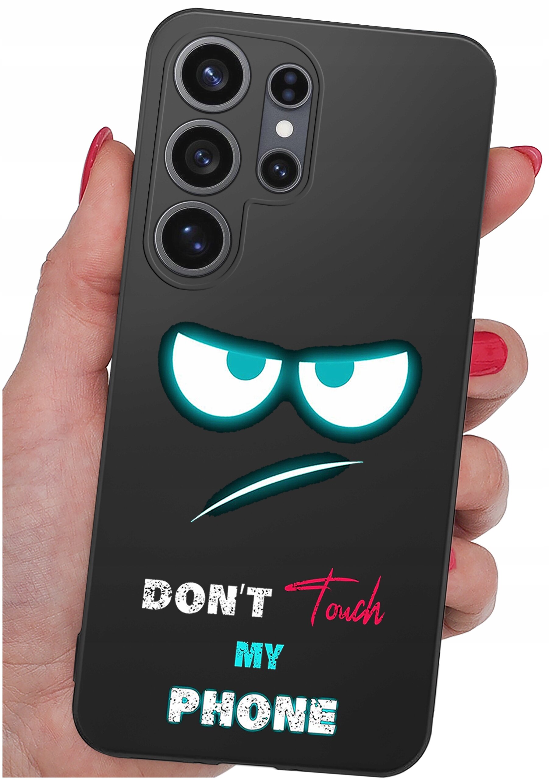 Czarny silikonowy case na telefon z nadrukiem przedstawiającym parę oczu i napis \'DON\'T Touch MY PHONE\'.