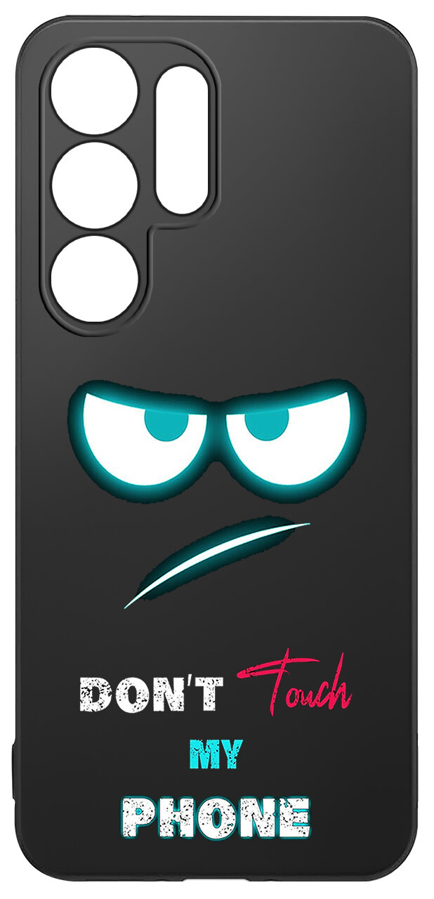 Czarne etui na telefon z grafiką przedstawiającą parę oczu oraz napisem \'DON\'T Touch MY PHONE\'.