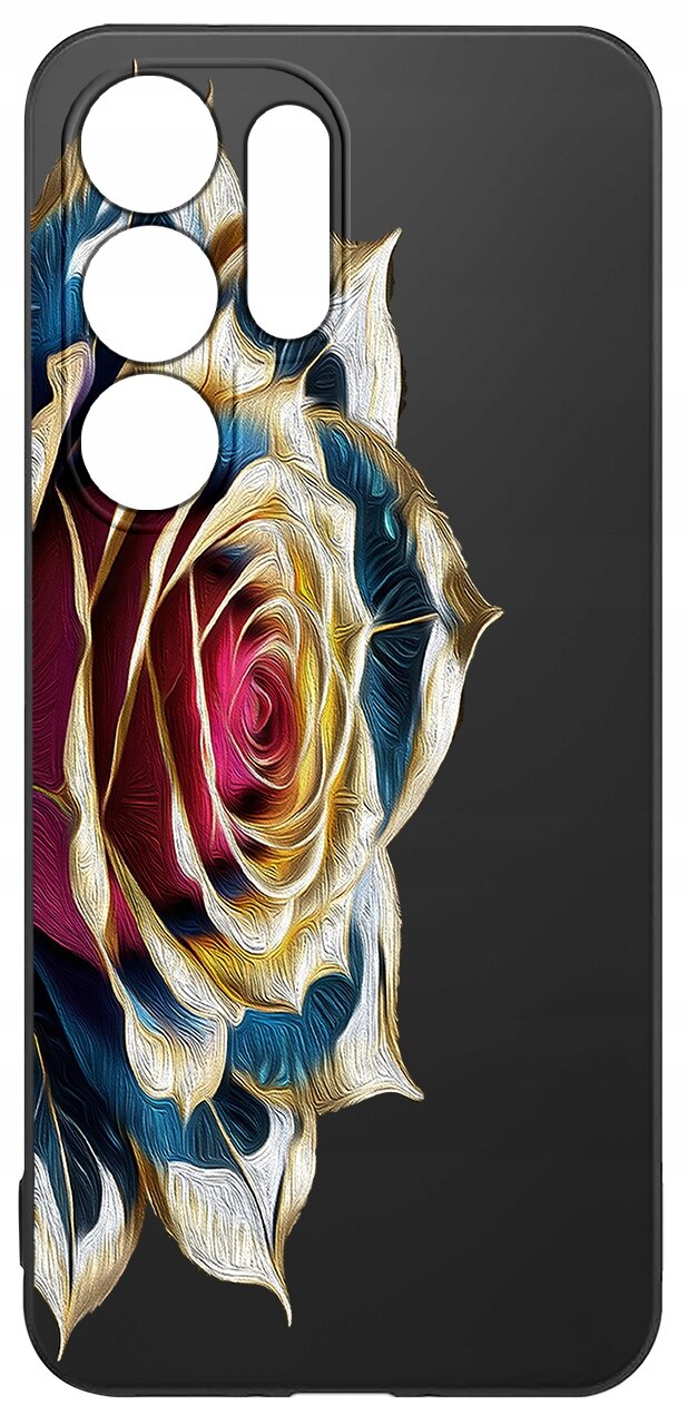 Etui na telefon z kolorowym wzorem róży na czarnym tle, z wycięciami na aparat i przyciski.