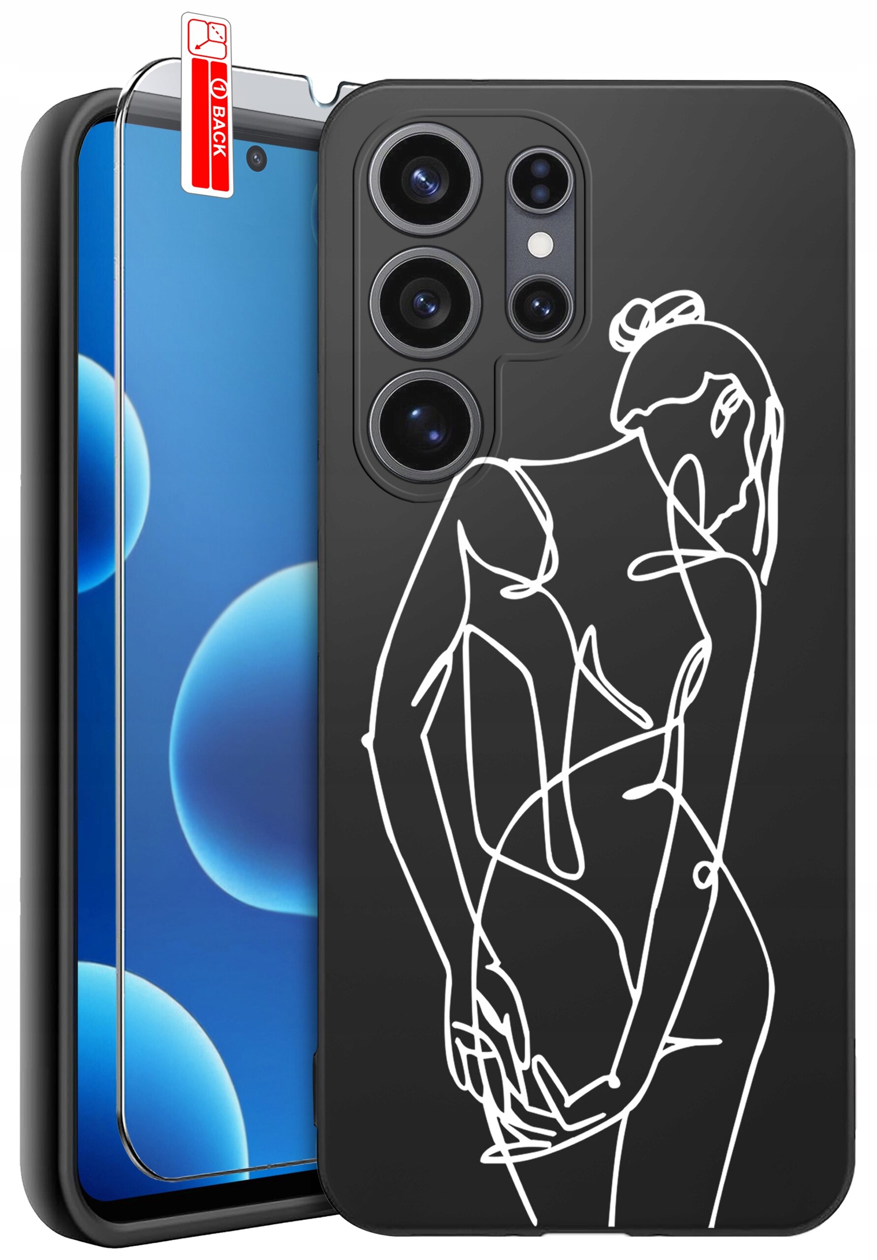 Obraz przedstawia czarne etui na telefon z białym, abstrakcyjnym rysunkiem postaci. Obok etui znajduje się szkło ochronne z napisem \'BACK\'.