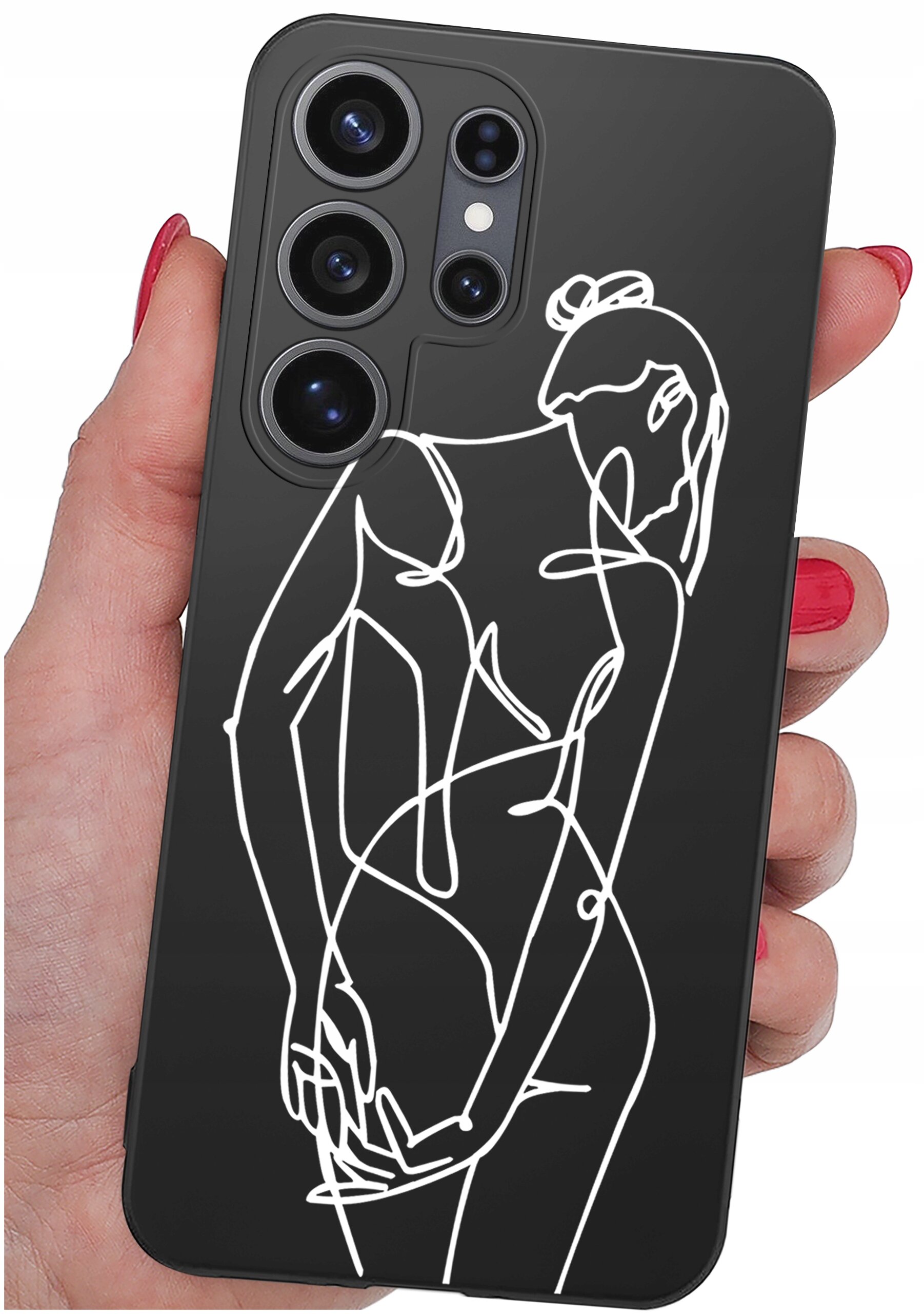 Czarne etui na telefon z białym, abstrakcyjnym wzorem przedstawiającym sylwetkę osoby. Etui trzymane jest w dłoni z pomalowanymi na czerwono paznokciami.