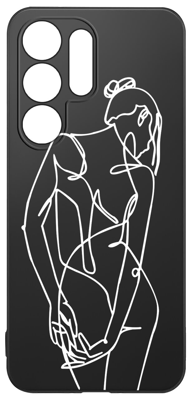 Czarne etui na telefon z białym, abstrakcyjnym rysunkiem sylwetki kobiety. Etui posiada wycięcia na cztery obiektywy aparatu.