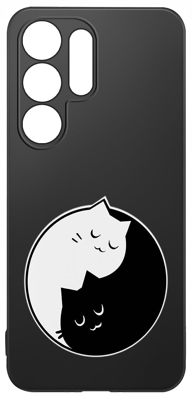 Czarne etui na telefon z wycięciami na aparat, ozdobione grafiką dwóch kotów w stylu yin-yang, jeden biały, drugi czarny.