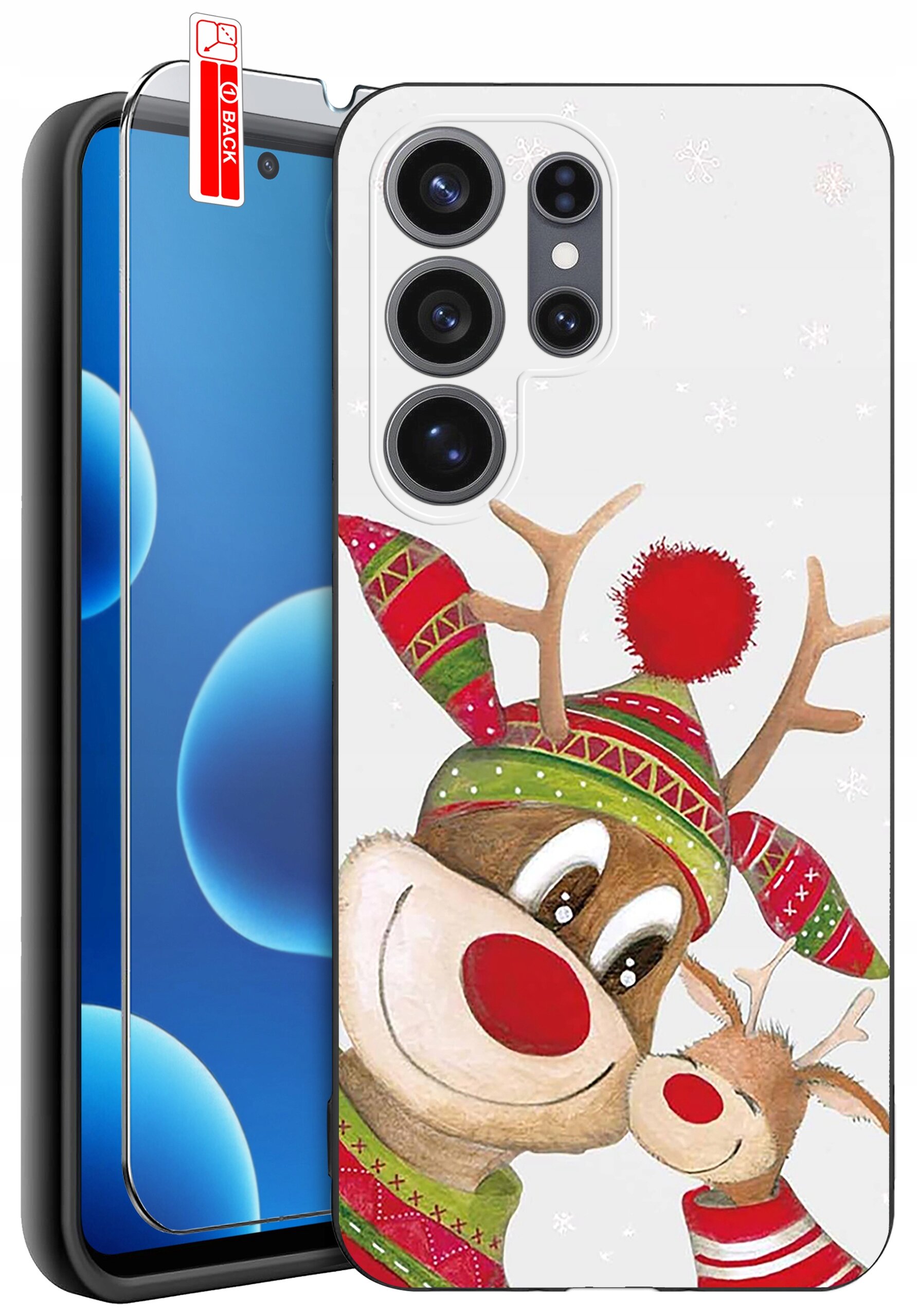 Etui na telefon z motywem reniferów w świątecznych czapkach, obok widoczna jest szybka ochronna z napisem \'BACK\'.