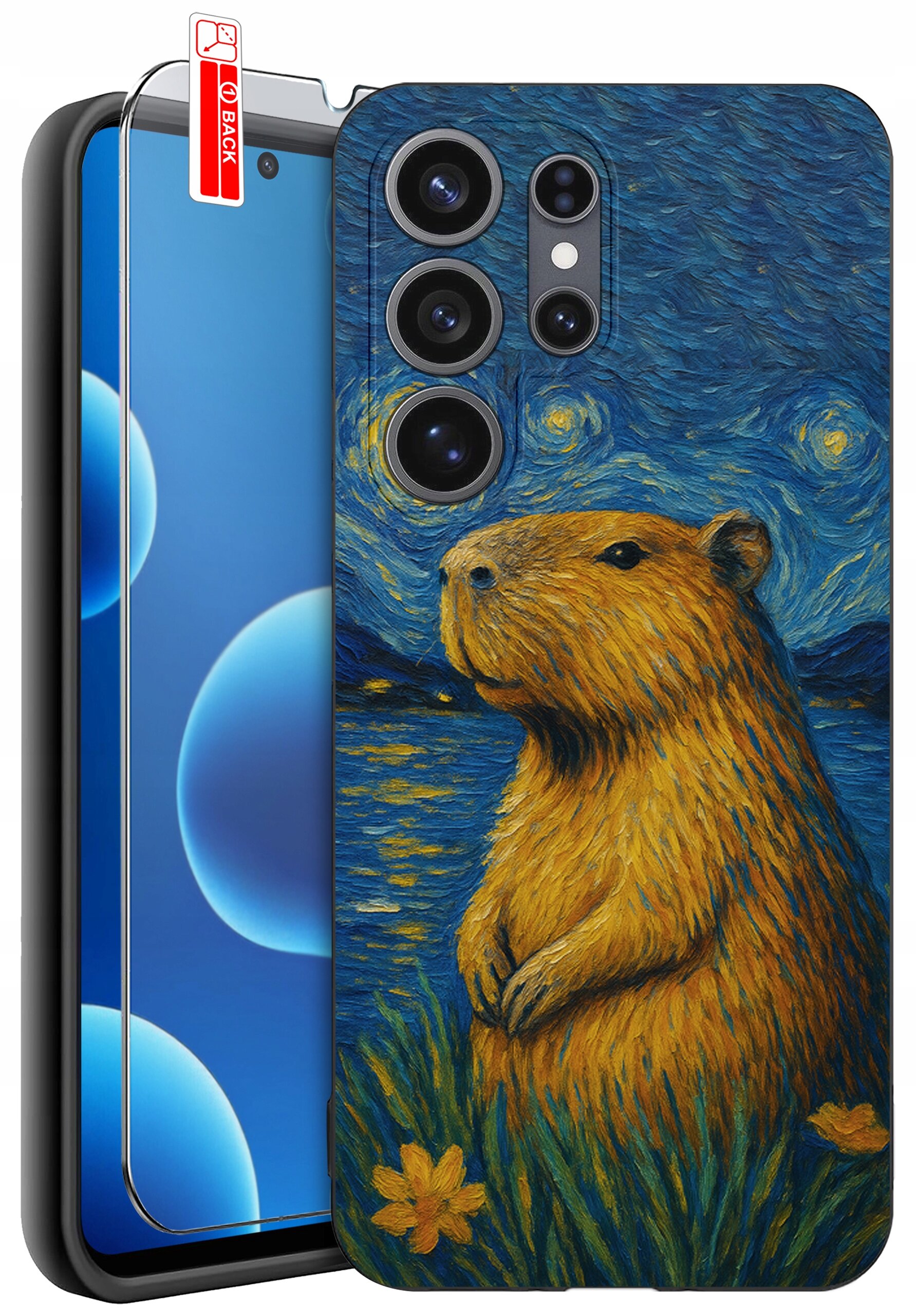 Etui na telefon z nadrukiem kapibary na tle gwiaździstego nieba, przypominającym styl malarski. Obok etui znajduje się szkło ochronne z czerwoną etykietą \'BACK\'.