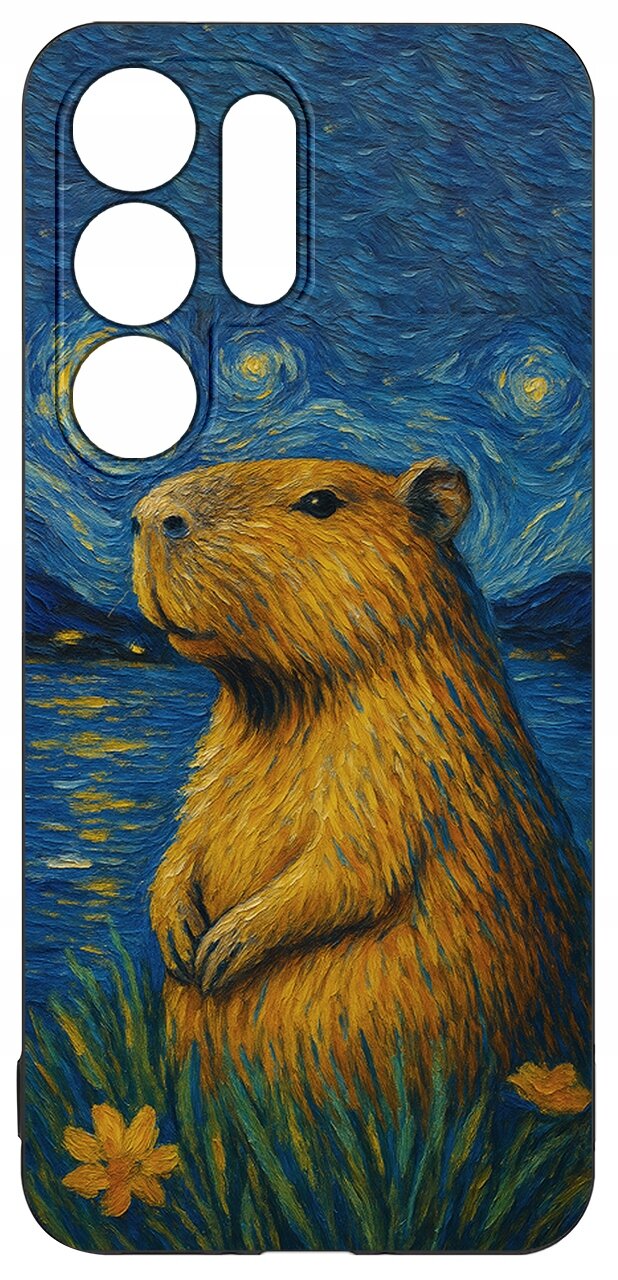 Etui na telefon z nadrukiem kapibary na tle nocnego nieba w stylu malarstwa Van Gogha. Widać otwory na aparat i inne elementy telefonu.
