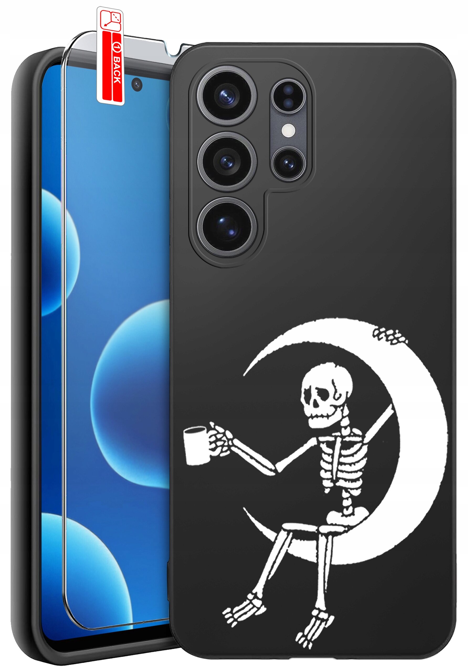 Czarne etui na telefon z nadrukiem białego szkieletu siedzącego na księżycu, trzymającego kubek. Obok znajduje się szkło ochronne z napisem \'BACK\'.