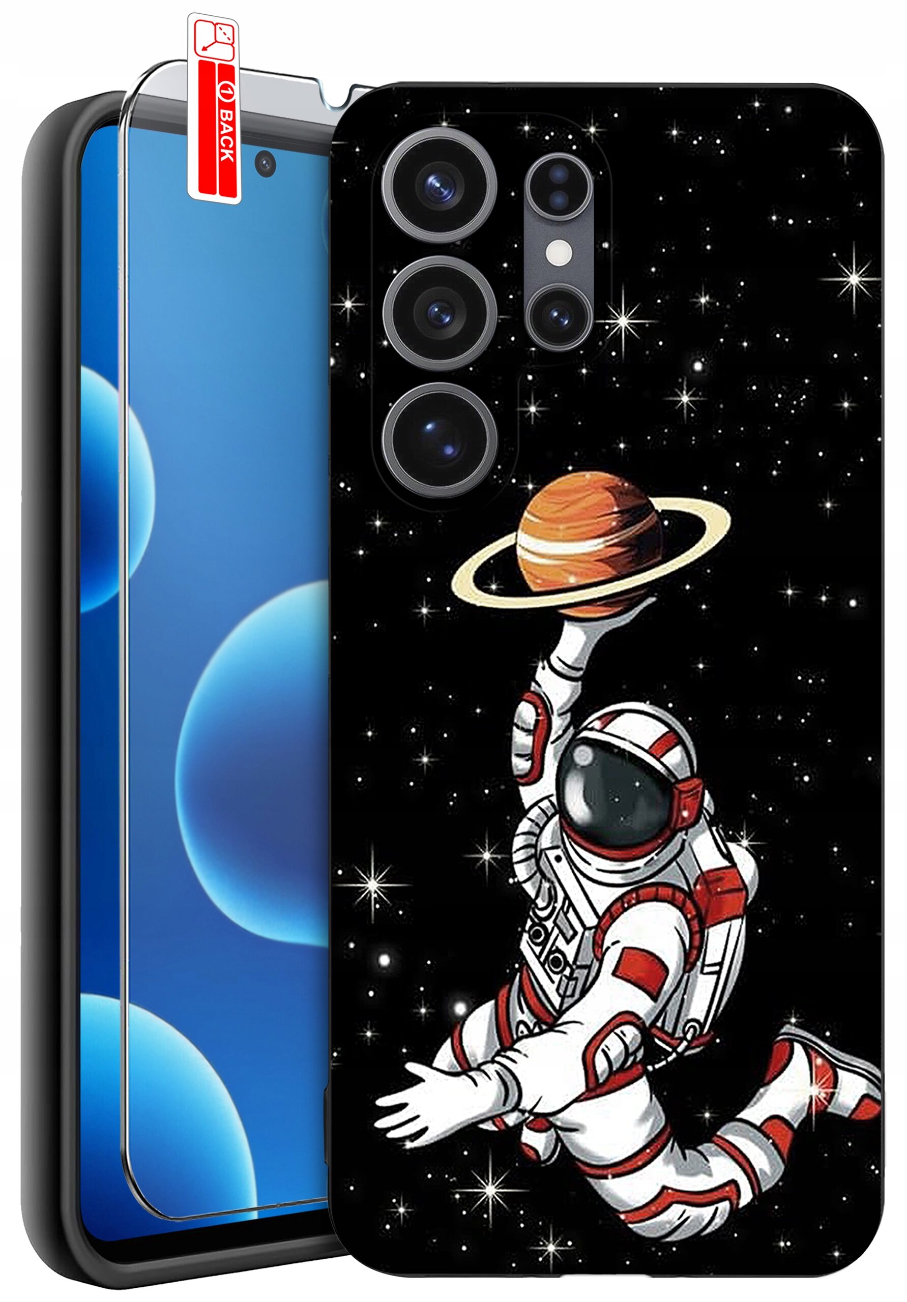 Etui na telefon z grafiką astronauty trzymającego planetę z pierścieniami na tle gwiazd. Obok znajduje się szkło ochronne z napisem \'BACK\'.
