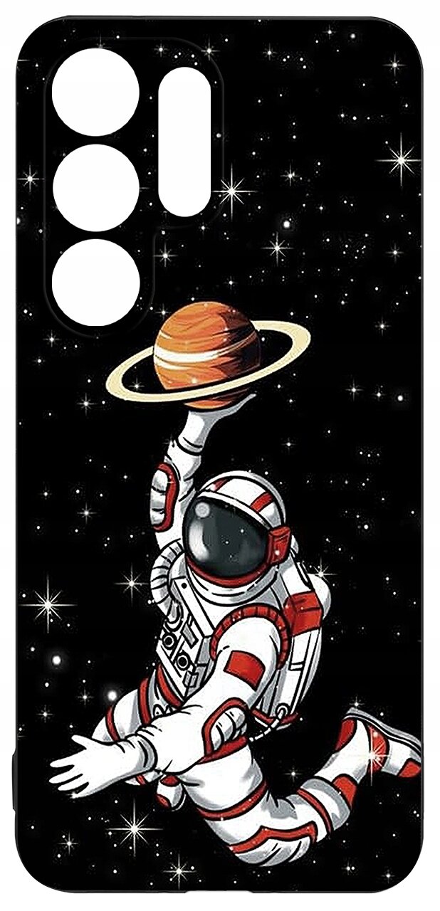 Etui z motywem astronauty unoszącego planetę z pierścieniami na tle gwiazd. W górnej części widoczne są wycięcia na aparat telefonu.