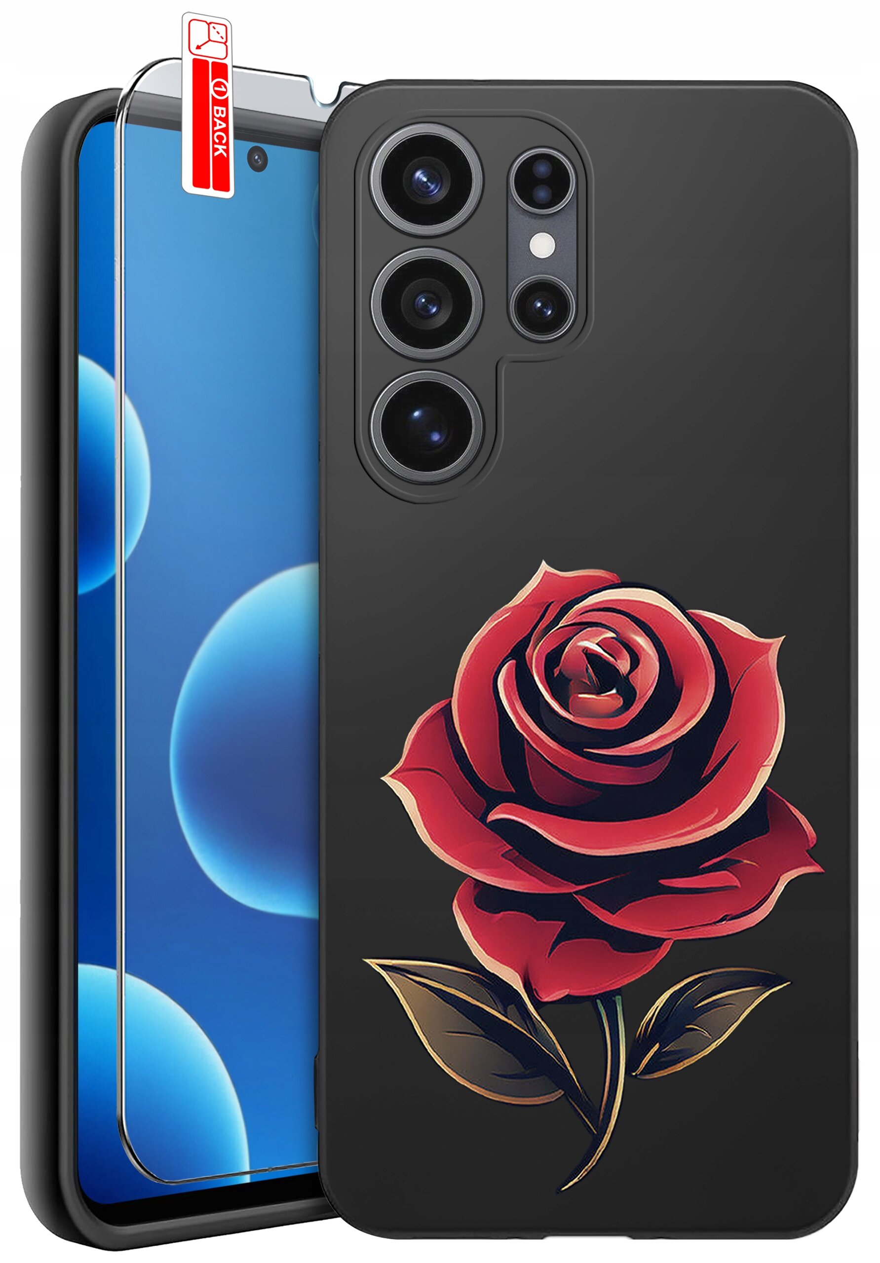 Czarne etui na telefon z nadrukiem czerwonej róży, obok znajduje się szkło ochronne z napisem \'BACK\'.