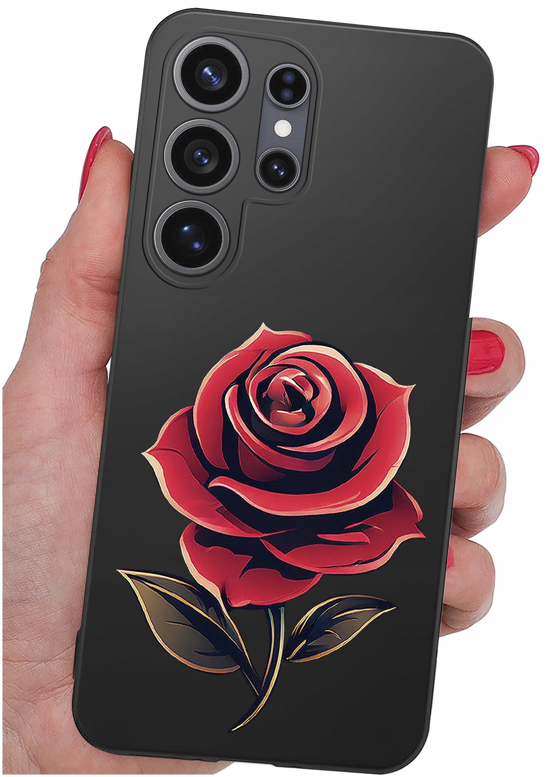 Czarny silikonowy etui na telefon z wzorem czerwonej róży i trzema liśćmi. Etui jest trzymane w dłoni z pomalowanymi na czerwono paznokciami.