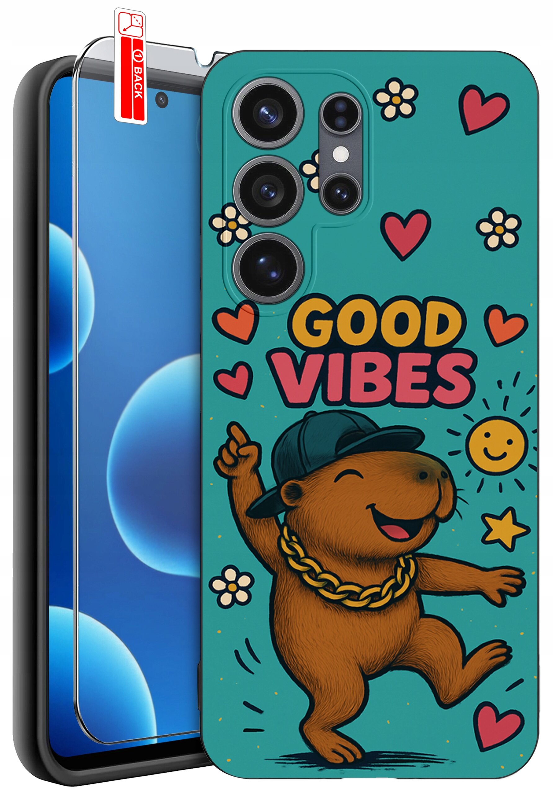 Etui na telefon z kolorowym wzorem przedstawiającym uśmiechniętego zwierzaka w czapce, otoczonego sercami, kwiatkami i napisem \'GOOD VIBES\'. Obok etui znajduje się szkło ochronne z oznaczeniem \'BACK\'.