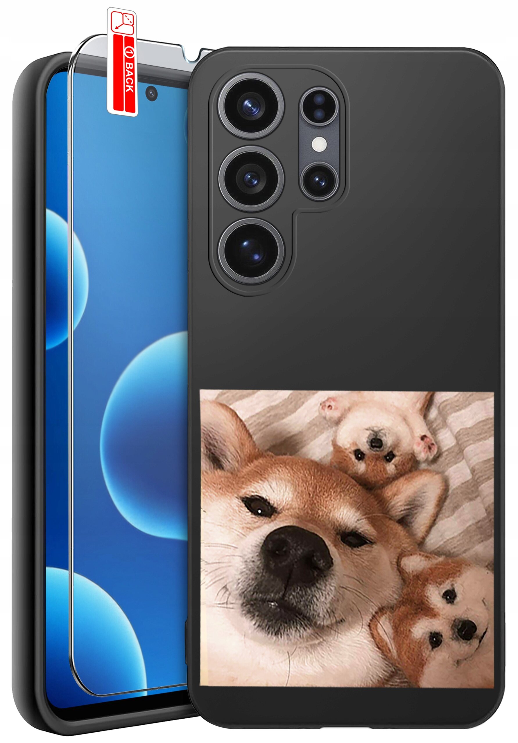Obraz przedstawia silikonowe etui na telefon z nadrukiem psa oraz szkło ochronne z oznaczeniem \'BACK\'.
